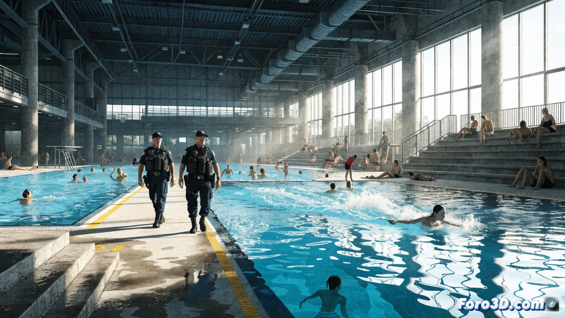 sunlight-drenched municipal swimming pool scene, two uniformed local police officers standing at poolside, one holding a digital tablet with pool rules displayed, the other gesturing toward a group of teenagers pushing each other near the diving board, water splashing during a minor scuffle, lifeguard in red shirt monitoring from elevated chair, concrete deck with yellow warning stripes, blue pool water with lane dividers, metal fence and chlorination equipment visible in background, photorealistic technical illustration, bright summer lighting, sharp shadows, realistic fabric textures on police uniforms, water surface reflections, wide-angle civic surveillance perspective, cinematic clarity