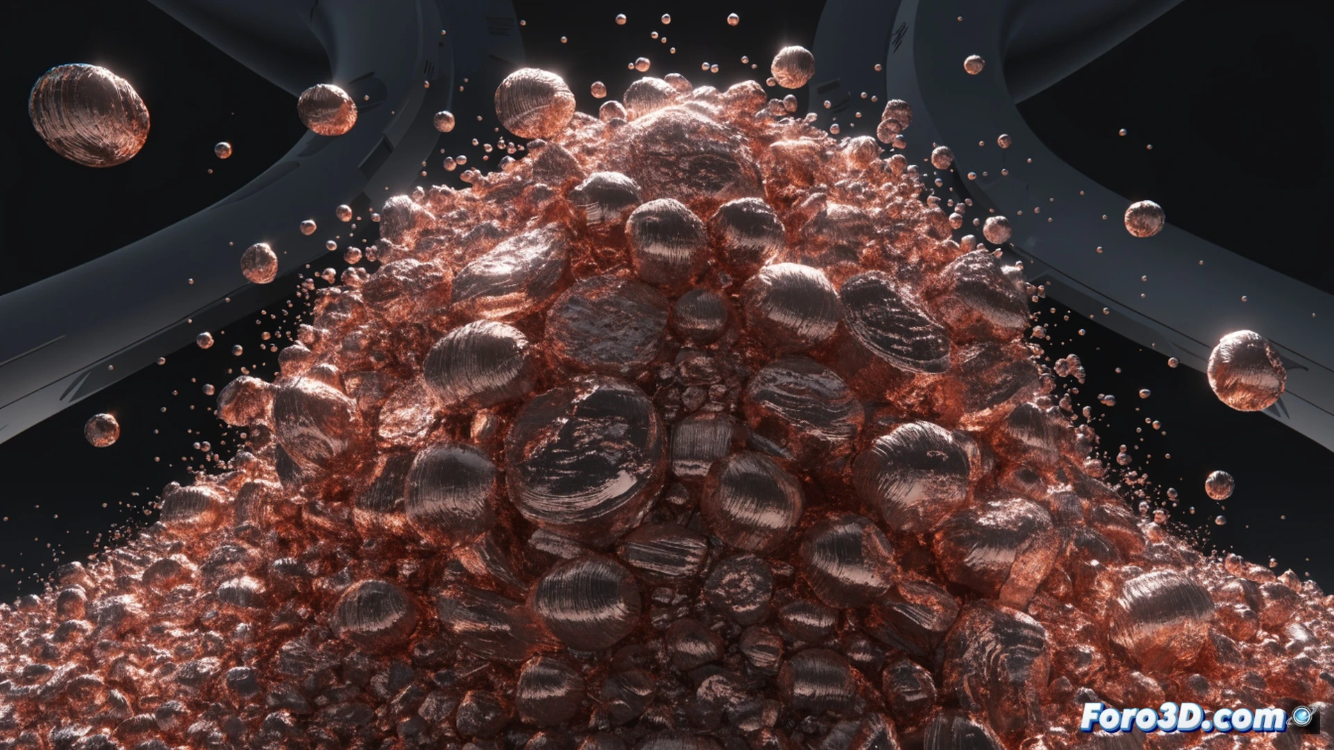 Close-up view of copper alloy powder particles flowing from a 3D printer nozzle onto a rocket combustion chamber during additive manufacturing, layer-by-layer deposition process, glowing red-hot metal surface from extreme heat, industrial robotic arm positioning the print head, NASA technical illustration style, metallic orange and copper tones, fine dust particles suspended in air, engineering visualization with precise geometric lattice structures, dramatic workshop lighting, ultra-detailed grain texture of the metal powder, photorealistic cinematic render