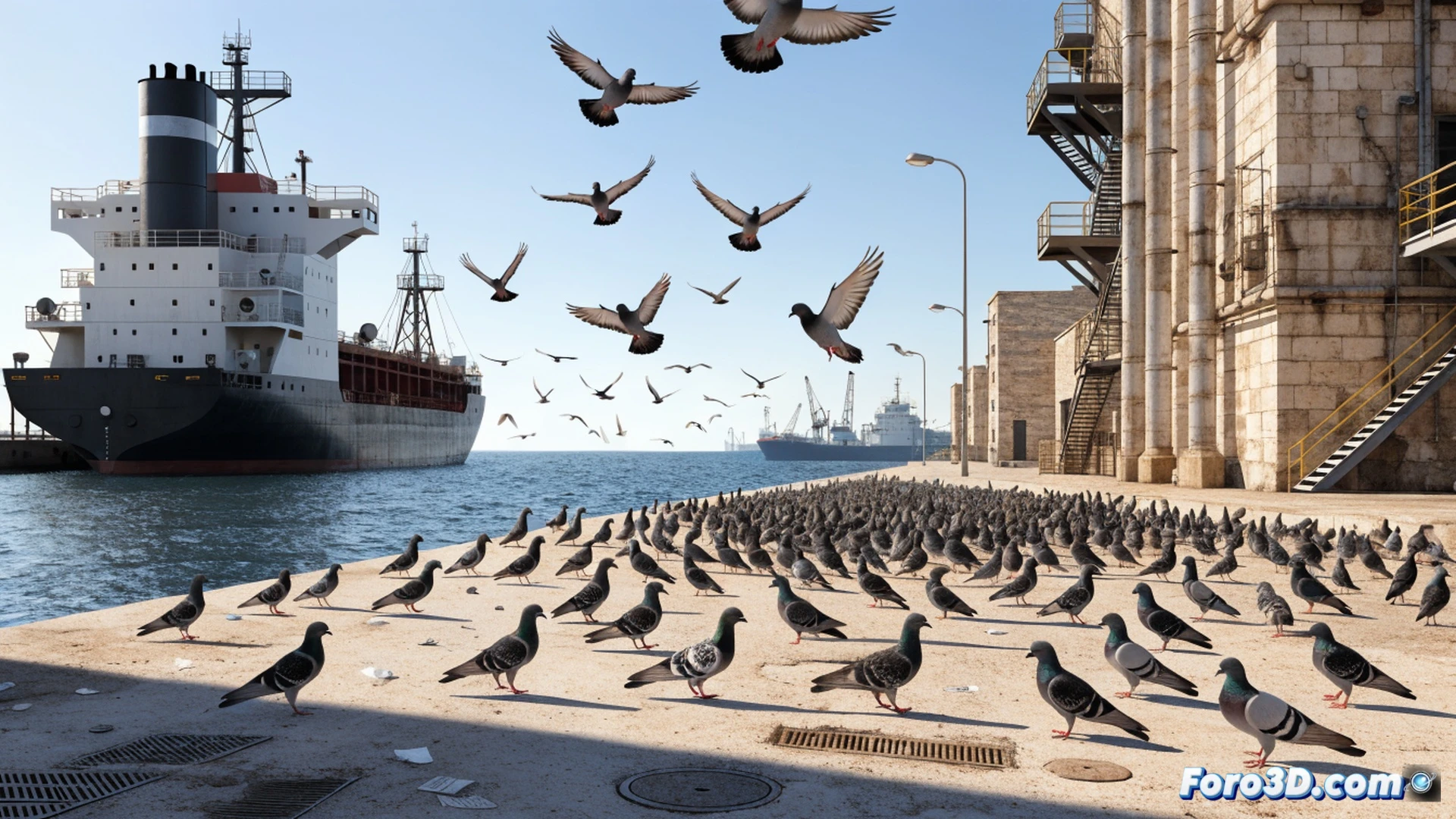 industrial port terminal scene, large grain silos and conveyor belts in background, port workers in safety vests adjusting sealed grain handling equipment, pigeons perched on distant warehouse ledges, dust particles suspended in air near loading area, close-up of a worker securing a heavy-duty tarp over a grain pile, no food debris visible on ground, technical engineering visualization style, photorealistic industrial lighting with harsh shadows, metallic surfaces reflecting sunlight, blue sky with thin clouds, ultra-detailed textures on concrete and steel, cinematic wide-angle composition