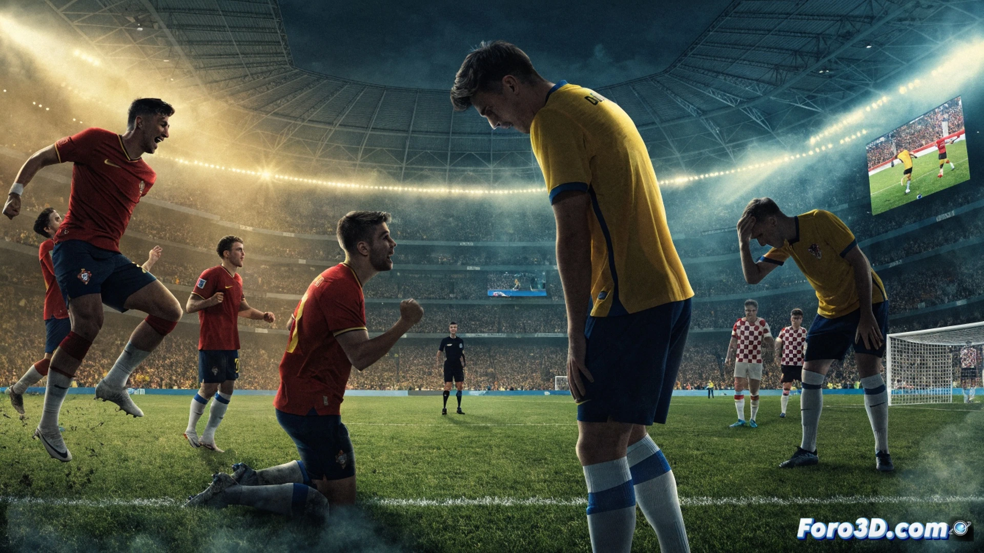 Portugal vs Croatia World Cup match final seconds, dramatic stadium scene, Croatian striker in offside position while ball enters Portuguese goal, VAR review process shown via multiple camera angles and digital offside line on field, referee touching earpiece receiving decision, Portuguese players celebrating on sideline, Croatian players arguing with linesman, cinematic photorealistic sports visualization, intense stadium floodlights, green pitch with distinct penalty area markings, motion blur on players running, ultra-detailed facial expressions, emotional tension captured in freeze-frame action, high-end broadcast camera aesthetic, realistic crowd blur in background, dramatic low-angle shot from behind goal