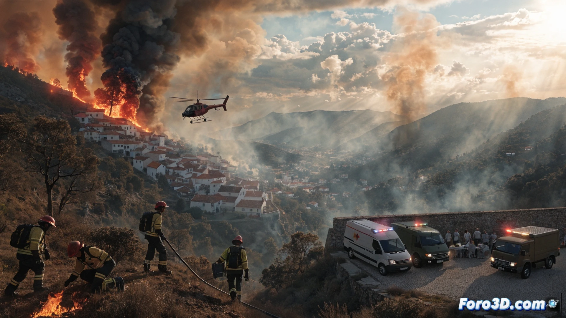 Aerial view of a vast Portuguese forest fire at night, flames consuming 11,000 hectares near Vouzela, thick smoke rising into the sky, a convoy of 45 Spanish firefighting vehicles and 118 firefighters advancing along a dirt road, two Italian Canadair aircraft dropping red fire retardant over a burning hillside, Moroccan fire crews coordinating with Portuguese units, extreme heat haze distorting the air, glowing embers, charred tree silhouettes, cinematic photorealistic disaster scene, dramatic orange and black lighting, ultra-detailed smoke textures, motion blur on aircraft, technical emergency response visualization