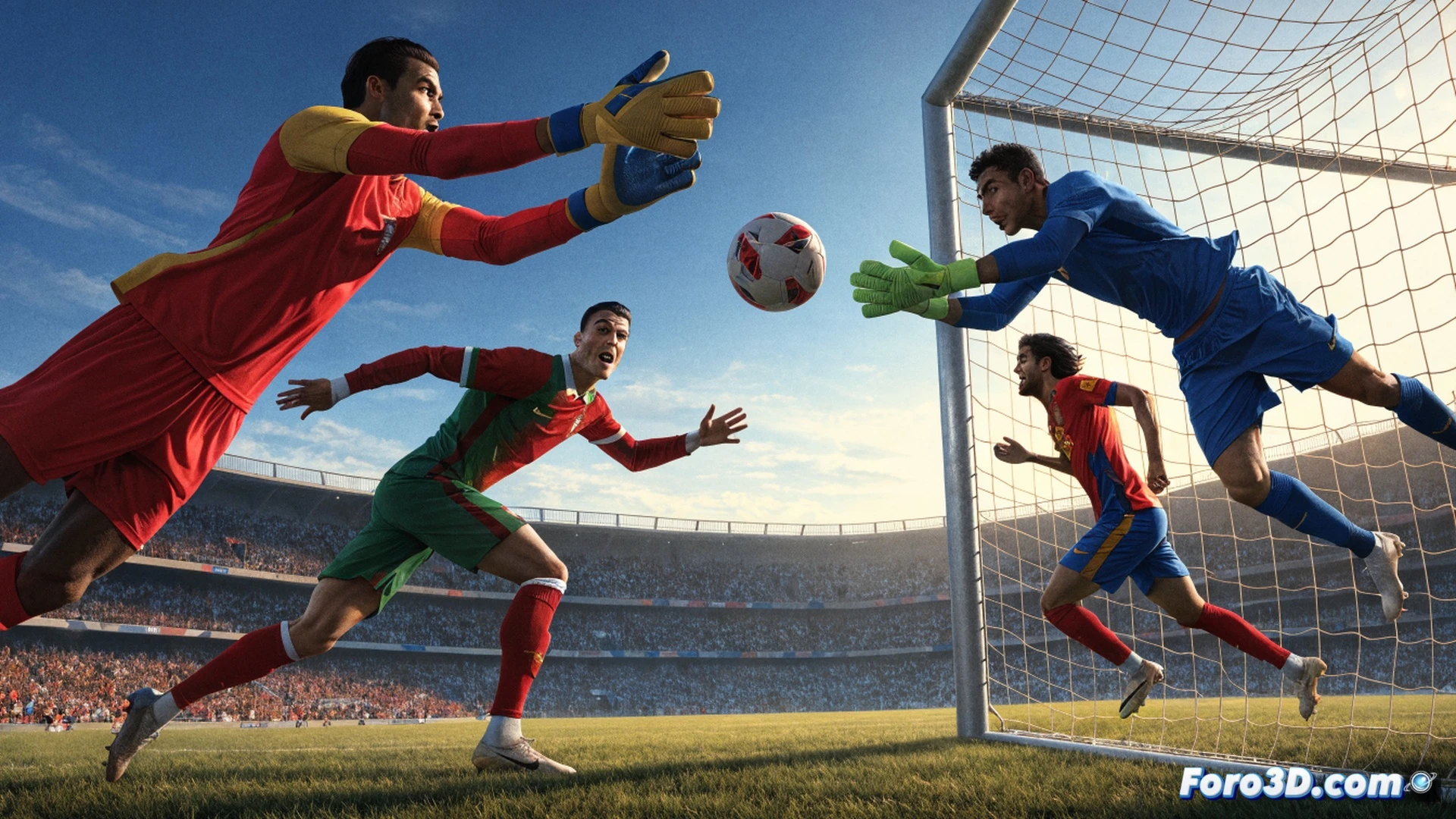 two football players in national team kits, Portugal red and Spain red, mid-air collision while both leaping for a header, ball hovering between their heads at the exact moment of impact, dramatic tension, stadium floodlights casting long shadows, sweat droplets frozen in motion, grass blades flying from their boots, cinematic sports visualization, photorealistic human anatomy, intense facial expressions, motion blur on limbs, high-speed shutter effect, dynamic diagonal composition, realistic stadium atmosphere, ultra-detailed fabric wrinkles, golden hour lighting from floodlights, technical action freeze-frame render