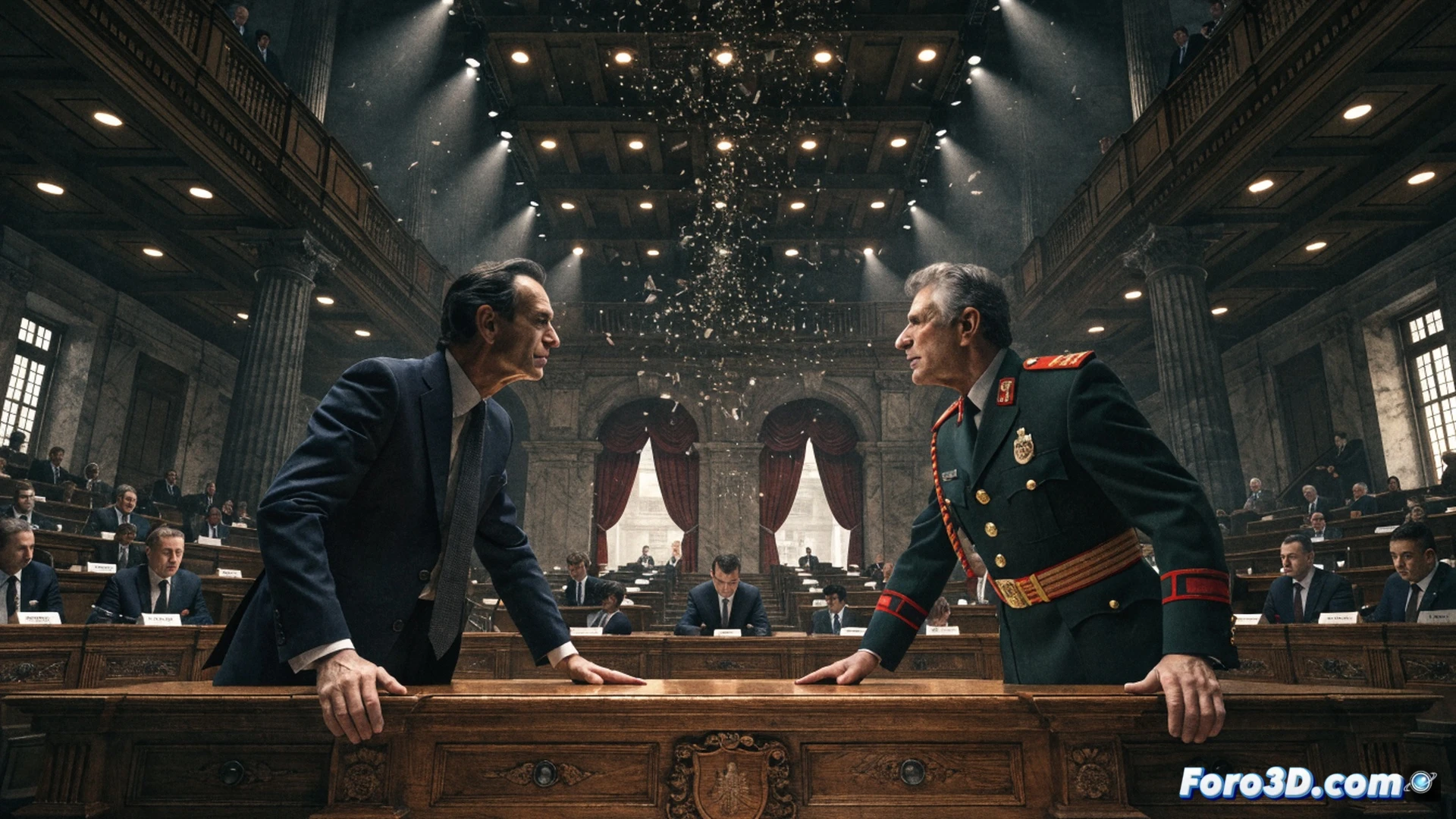 photorealistic cinematic scene of a Spanish government ministry office, a female minister in military uniform standing behind a desk with a Guardia Civil insignia plaque, a male senior officer in uniform with epaulettes being handed a dismissal document while a shadowy figure in handcuffs is reflected in a glass window, desk showing a laptop displaying a corruption case file interface, dramatic overhead lighting casting long shadows, polished marble floor reflecting the tension, technical illustration style with sharp focus on official badges and documents, cold blue and grey color palette