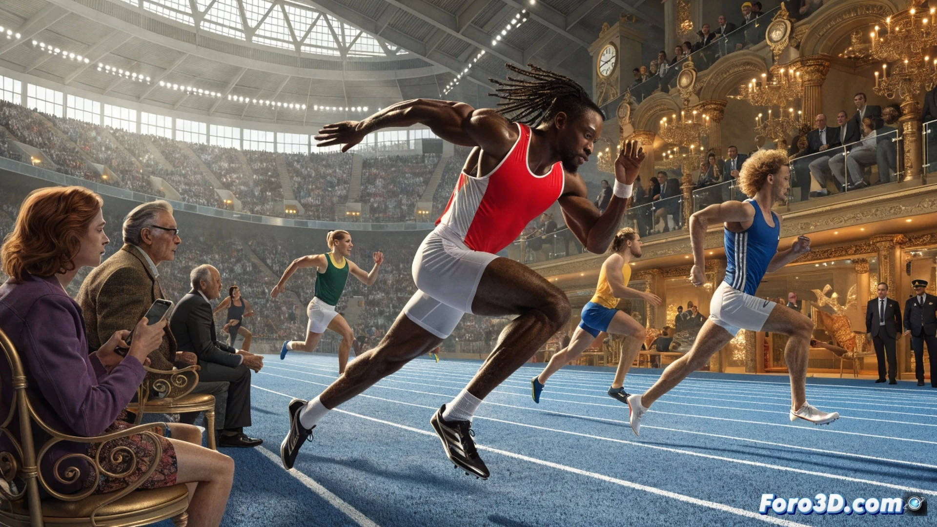 London Olympic Stadium track event during Diamond League competition, empty premium seats in foreground contrasting with crowded distant stands, ticket price signs showing digital numbers transforming from low to high values, security barriers separating luxury hospitality zones from general access areas, cinematic photorealistic style, dramatic shadows across empty VIP sections, warm stadium lights illuminating track surface, family silhouettes walking away from entrance gates, motion blur on track athletes running in background, high contrast between bright track and dark empty seats, ultra-detailed architectural elements, realistic evening atmosphere