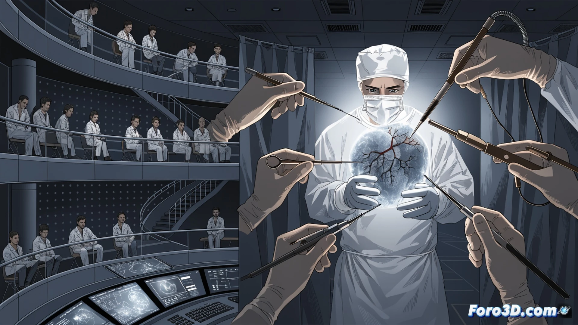 photorealistic medical scene, thoracic tumor clinical pathway in hospital, pulmonologist reviewing CT scan images on large monitor while nurse prepares bronchoscopy equipment, surgical tools and biopsy needles on sterile tray, digital lung model with highlighted tumor shown on tablet, doctor pointing at diagnostic workflow diagram on wall, team of specialists collaborating near patient bed, modern hospital room with advanced medical devices, soft clinical lighting, detailed anatomical charts visible, cinematic documentary style, ultra-realistic textures, medical equipment reflections, clear demonstration of coordinated diagnostic process