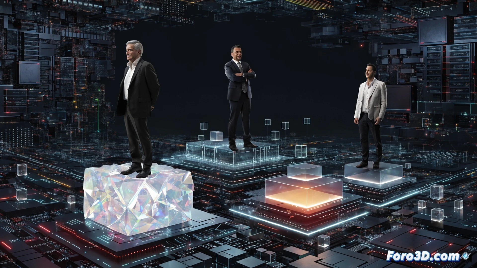 modern corporate boardroom scene, three new executives standing confidently while reviewing digital growth metrics on a large transparent holographic screen showing rising graph lines and data streams, team members analyzing newspaper layout tablets and mobile news app prototypes on the table, glowing blue digital transformation icons floating above the surface, sleek minimalist architecture with warm amber accent lighting, polished glass meeting table reflecting abstract code patterns, photorealistic cinematic visualization with shallow depth of field, professional attire with subtle motion blur suggesting active discussion, high-end corporate photography aesthetic