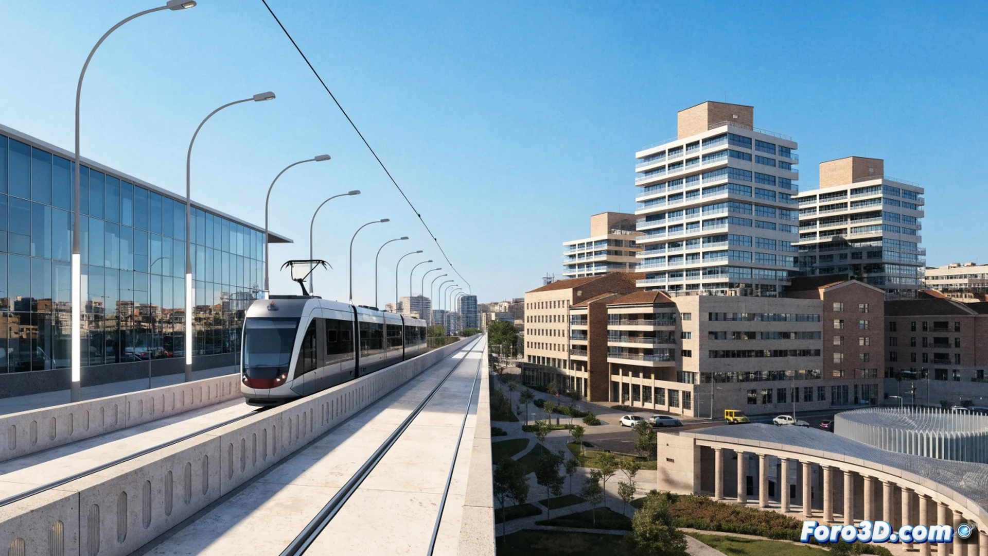 Aerial view of a modern tram crossing a bridge over a river in Tarragona, construction cranes and scaffolding around a hospital expansion site in the background, glowing route lines on a digital tablet held by an urban planner, workers in high-visibility vests inspecting rail tracks, medical equipment crates being unloaded from a truck near the hospital, cinematic architectural visualization, bright Mediterranean daylight, clear blue sky, geometric city grid with green zones, photorealistic technical illustration, realistic shadows and reflections