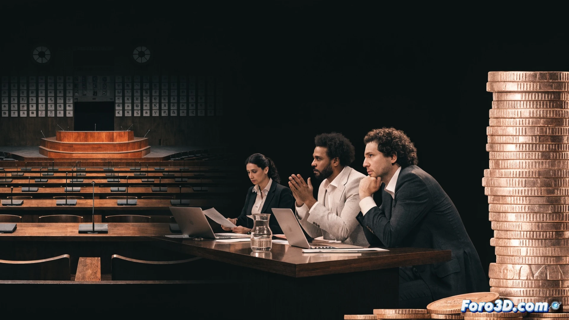 Catalan Parliament chamber at the moment of budget vote approval, large digital screen displaying green checkmark over 50 billion euro figure, Salvador Illa standing at podium while PSC, ERC and Comuns deputies applauding, architectural blueprints of hospital and school buildings floating above the voting desks as holographic projections, technical illustration style, clean geometric composition, soft blue and amber lighting, photorealistic architectural visualization, precise parliamentary seating rows, glowing financial data streams on transparent panels, calm decisive atmosphere
