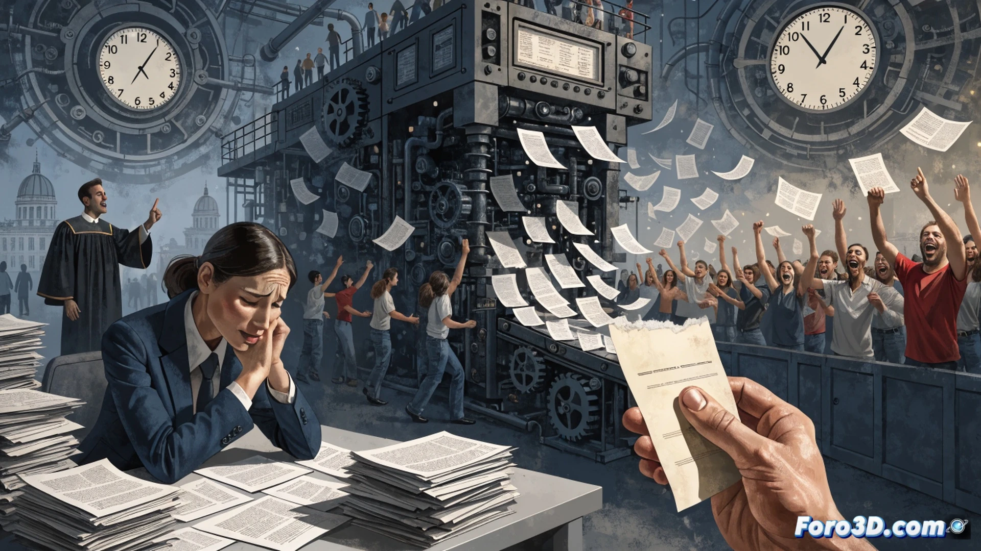 corrupted budget document being torn apart by robotic arms, broken calculator with cracked screen displaying negative numbers, scattered medical syringes and worn school books on a metal table, clock showing overdue deadline, glowing red warning lights on machinery, dark bureaucratic office background, cinematic engineering visualization, dramatic shadows, photorealistic technical render, industrial decay aesthetic