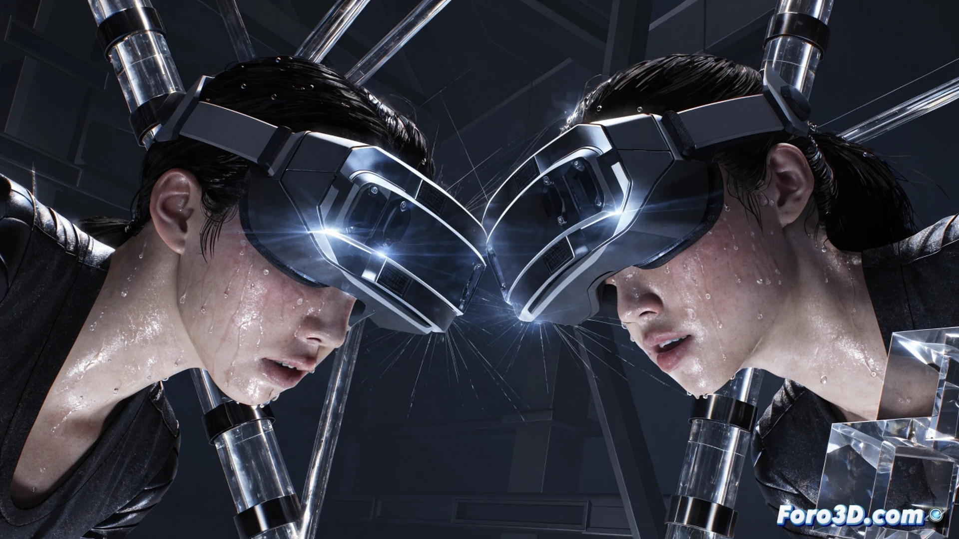 cinematic photorealistic scene of a hyper-realistic digital character’s face with sweat droplets forming on the forehead, while a translucent Unreal Engine 5 wireframe overlay hovers beside the skin, showing real-time polygon deformation and subsurface scattering, a motion-capture actor wearing a VR headset and sensor suit performing an intense action pose in the background, studio lighting with blue and orange rim lights, ultra-detailed pores and micro-expressions, technical illustration style highlighting muscle tension and skin texture, dramatic contrast between digital and physical layers