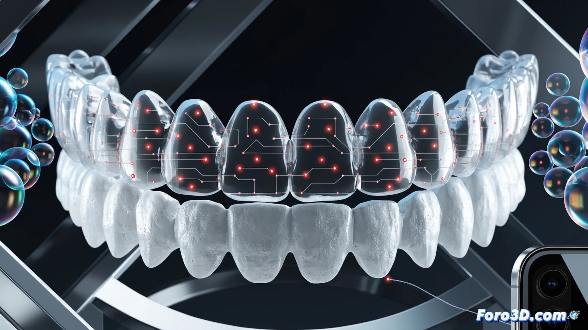Realistic dental prosthesis with embedded micro-sensors, transparent enamel layer revealing miniature pH sensor and bacterial detector components, saliva droplets interacting with sensor surface, data transmission visualized as glowing digital pulses traveling from tooth to smartphone screen, cross-section view showing wireless transmitter inside ceramic crown, technical engineering illustration style, photorealistic dental materials, cool blue LED indicator light on sensor, medical device precision detail, high-contrast lighting emphasizing microelectronics, clean clinical background