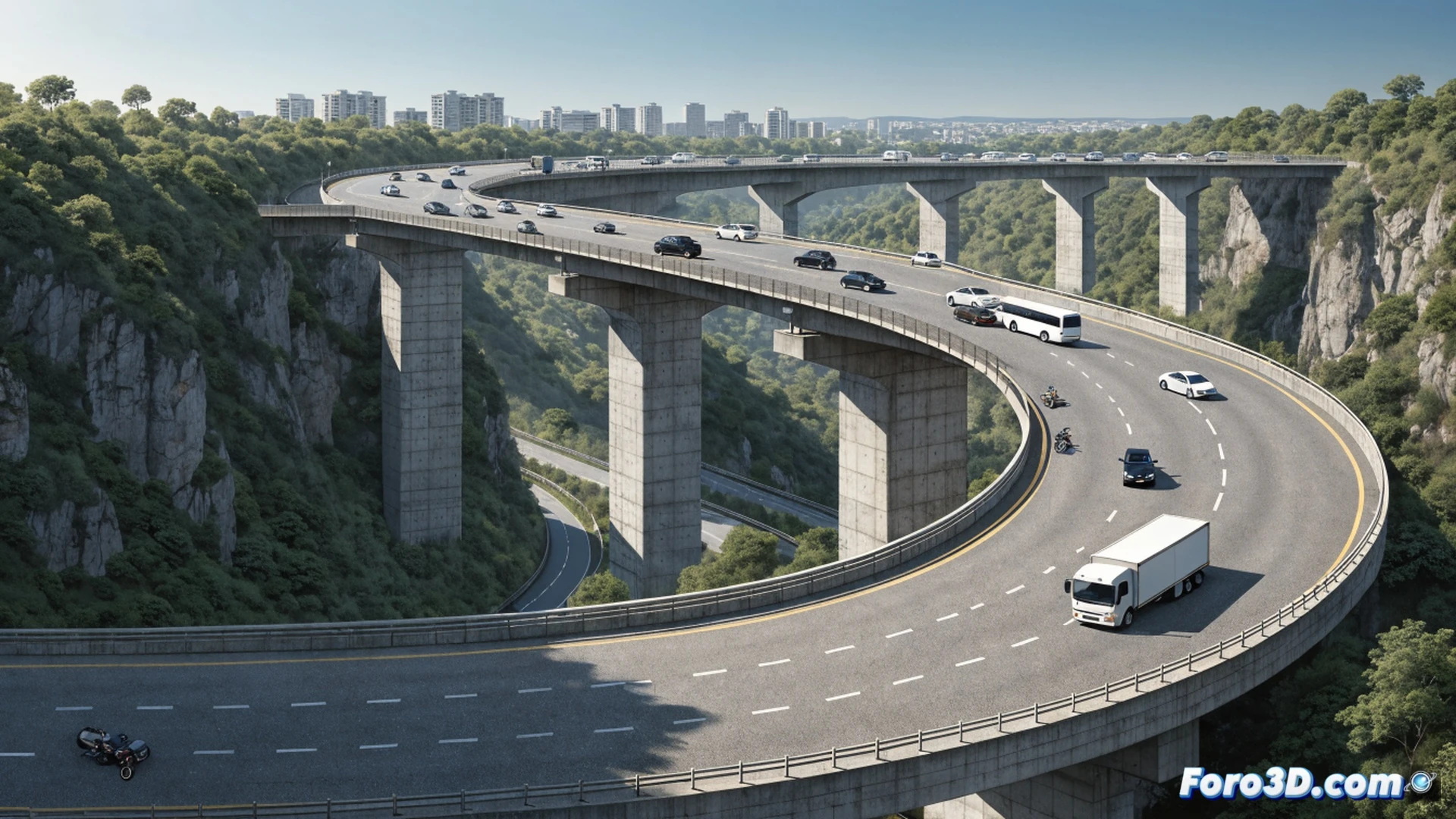 abandoned curved flyover at dawn in Bhopal, construction barriers blocking both entrances, a concrete bridge with a sharp 118-degree curve, cracked asphalt surface showing no tire marks, rusted rebar protruding from unfinished expansion joints, a stalled excavator parked mid-span with its bucket resting on the railing, orange warning cones scattered along the curve, distant traffic jam visible under a hazy sky, photorealistic engineering visualization with dramatic low-angle sunlight casting long shadows across the defective structure, cinematic urban infrastructure scene