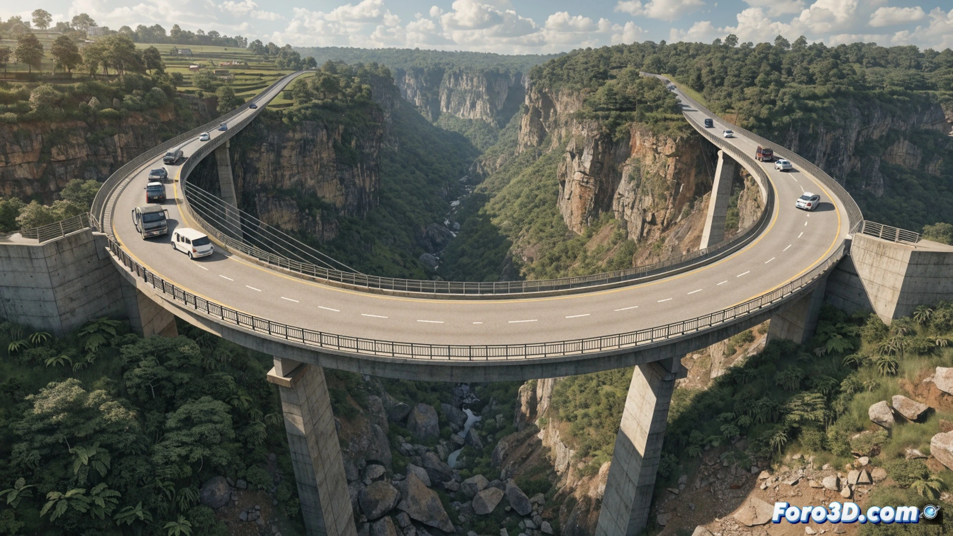 Engineering visualization of a sharply curved bridge with a dangerous 118-degree turn, a large truck struggling to navigate the bend, its front wheels locked and skidding toward a crumbling guardrail, another vehicle stopped in panic, construction blueprints and rolled-out survey maps scattered on the ground nearby, civil engineers in hard hats pointing at misaligned angle measurements on a tablet, cracked asphalt at the curve apex, concrete barriers tilted, photorealistic cinematic render, dramatic sunset lighting casting long shadows, dust particles suspended in air, ultra-detailed structural steel and road surface textures, technical illustration style