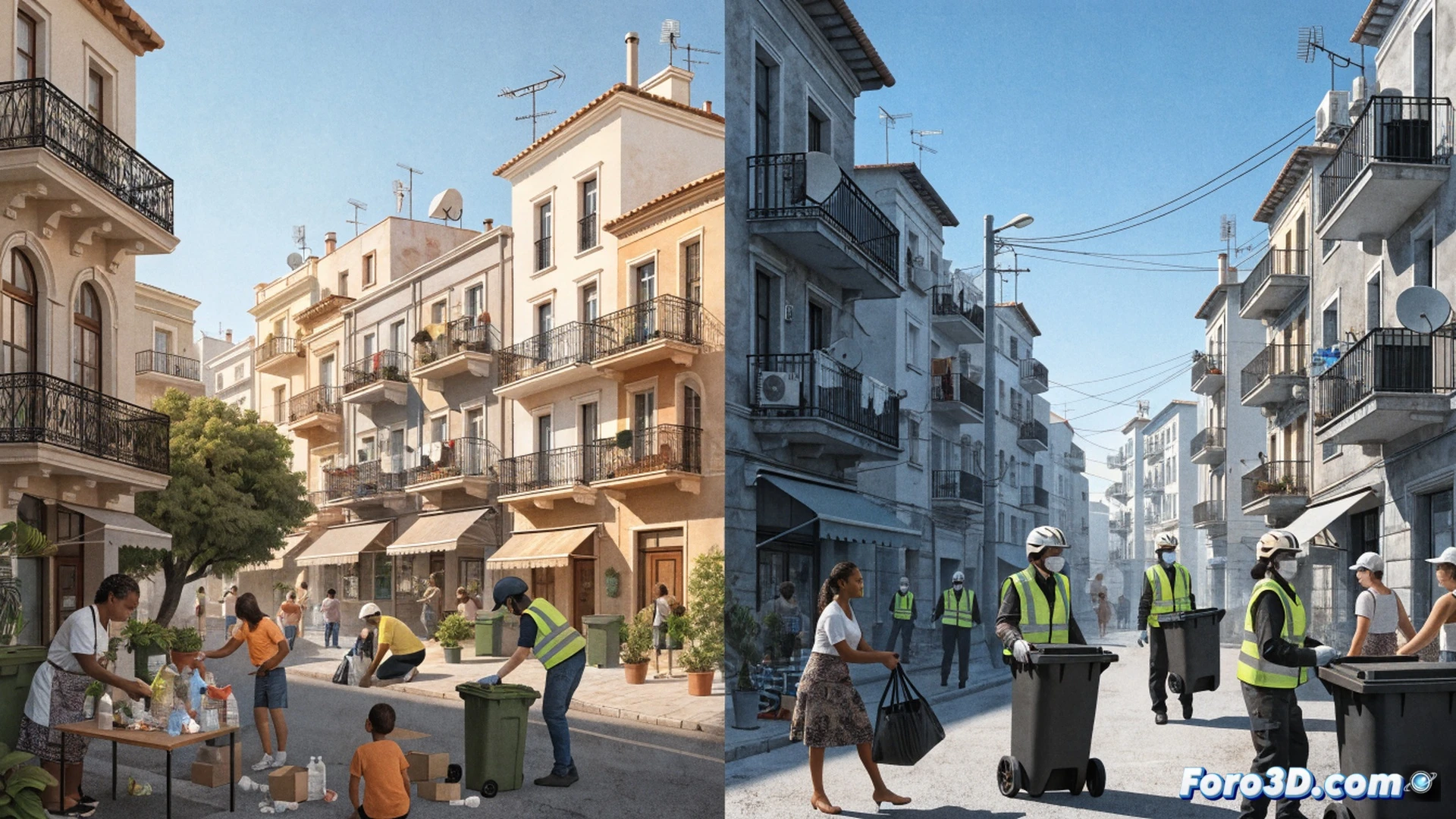 photorealistic urban street scene at dusk, three different colored recycling bins lined up on a sidewalk, a person walking away from an overflowing bin while another person struggles to carry a heavy bag toward a distant collection point, a locked gate with a no-entry sign blocking access to a communal waste area, scattered litter on the ground near a clean section, contrasting waste management behaviors, cinematic lighting with warm streetlamp glow and cool shadows, detailed textures of plastic, metal, and concrete, technical illustration style highlighting infrastructure friction