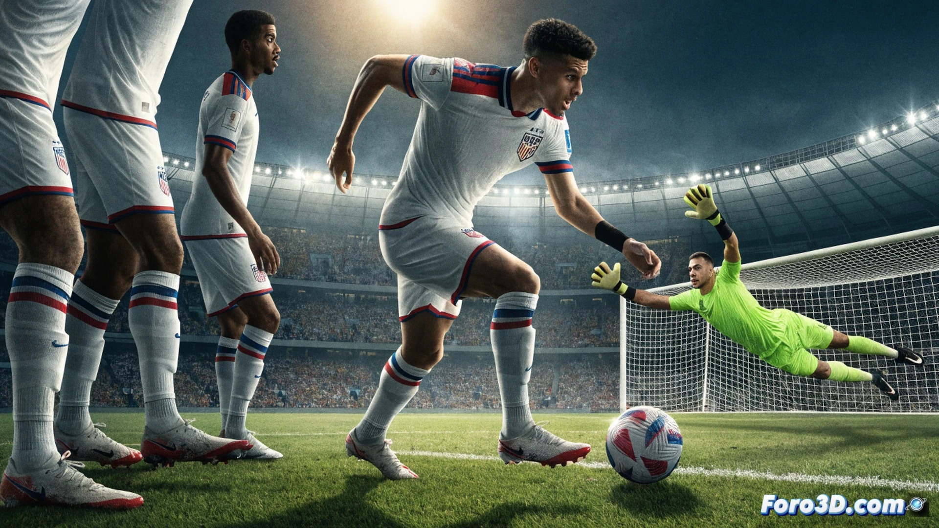 Estadio iluminado por reflectores, Christian Pulisic en posición de cobrar un penal, bota impactando el balón con efecto, portero bosnio lanzándose a la izquierda, red de la portería tensa, tableta táctica en el banquillo mostrando diagrama de tiros, banda de capitán en el brazo de Pulisic, césped con marcas de deslizamiento, cámara de transmisión en primer plano, estilo cinematográfico fotorealista, iluminación dramática con sombras profundas, movimiento congelado en el instante del disparo