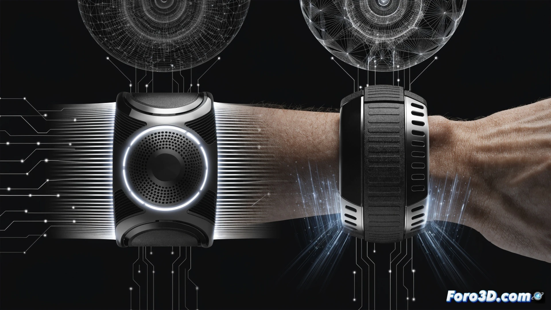 close-up of a driver s wrist wearing a smart bracelet with heart rate sensors, glowing blue LED indicators on the bracelet, while the driver s hand grips a steering wheel, subtle vibration waves emanating from the bracelet into the skin, background shows a blurred dashboard with speedometer and road at night, cinematic engineering visualization, photorealistic technical illustration, dramatic low-key lighting, sweat droplets on the wrist, micro-motion blur on the bracelet s vibrating mechanism, realistic skin texture and metallic finish of the device
