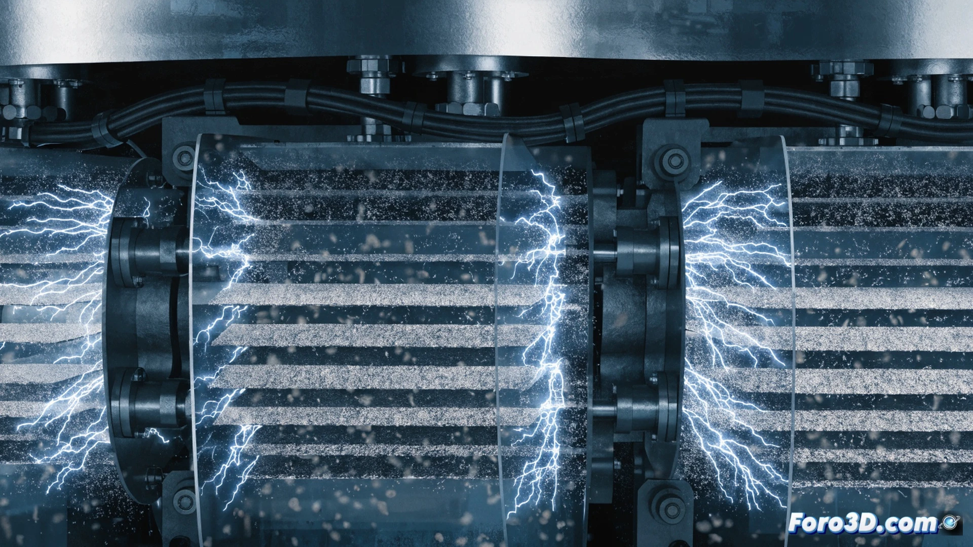 Micro-arcos eléctricos azules brillando dentro de un reactor DBD de vidrio y acero inoxidable, agua contaminada fluyendo horizontalmente mientras burbujas de aire se mezclan con descargas pulsantes, moléculas orgánicas descomponiéndose en partículas más pequeñas visibles como destellos, electrodos de tungsteno separados por barrera dieléctrica cerámica, ingeniería de alta tensión con cables coaxiales conectados, estilo cinematográfico photorealistic, iluminación industrial dramática, textura de agua turbia transformándose en clara durante el proceso, reflejos metálicos en las superficies pulidas, fondo oscuro con vapor tenue, ultra-detallado render técnico