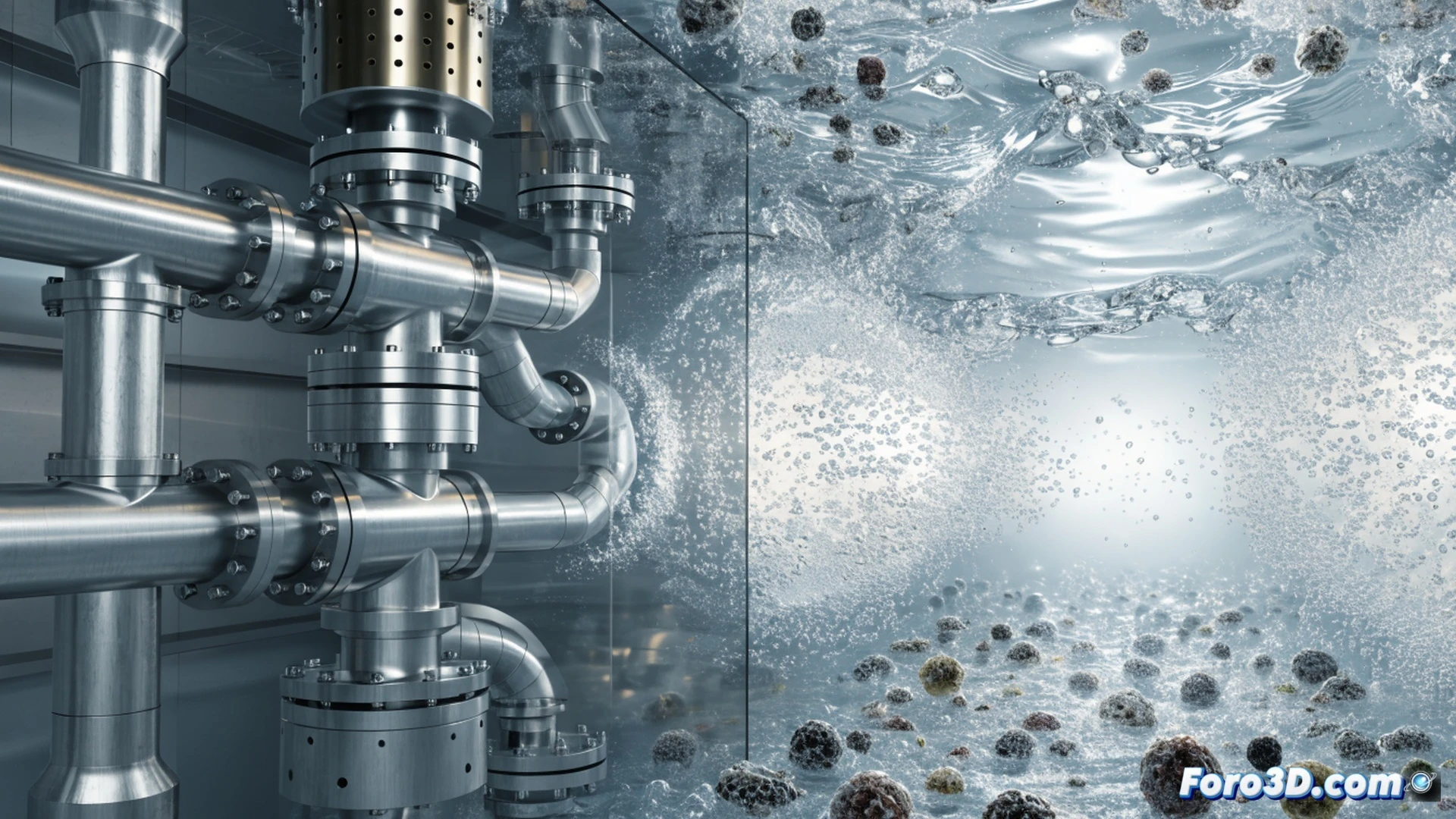 Purificador por cavitación hidrodinámica en funcionamiento, agua turbia fluyendo a través de un reactor cilíndrico de acero inoxidable, microburbujas de vacío colapsando cerca de bacterias patógenas, ondas de choque microscópicas destruyendo células durante el proceso, corte transversal del reactor mostrando el flujo turbulento y la formación de burbujas, sensores de presión y temperatura integrados en la tubería, válvulas y manómetros visibles, iluminación industrial azulada y blanca, destellos de energía en los puntos de colapso, estilo cinematográfico hiperrealista, visualización técnica de ingeniería, textura metálica pulida, fondo oscuro con reflejos dinámicos