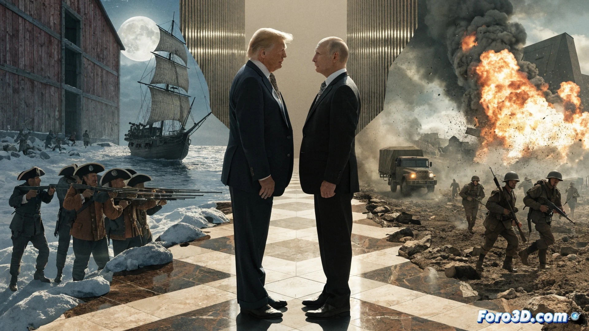 Vladimir Putin shaking hands with a US diplomat in a neoclassical Kremlin hall, both standing near a 1776 historical map showing Russian naval ships supporting American colonies, while a holographic globe displays nuclear missile trajectories connecting Russia and the USA, cinematic photorealistic technical illustration, dramatic side lighting from chandeliers, polished marble floor reflecting the scene, formal suits, diplomatic gesture frozen mid-action, vintage parchment document on table with quill and inkwell, modern digital overlay showing Cold War collaboration timelines, ultra-detailed textures on wood paneling and brass fixtures