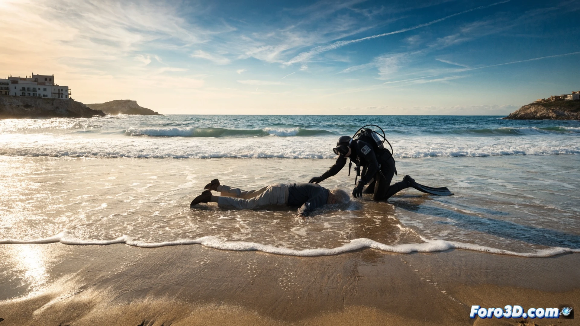 Rescue team performing CPR on an elderly man lying on Salou beach, lifeguard defibrillator device on sand, red rescue jet ski parked at shoreline, green flag fluttering in wind above lifeguard tower, family members watching in distress, distant waves crashing, cinematic photorealistic illustration, dramatic overcast sky, high-angle wide shot showing emergency action, wet sand reflections, medical equipment detail, tense rescue atmosphere, ultra-realistic coastal lighting