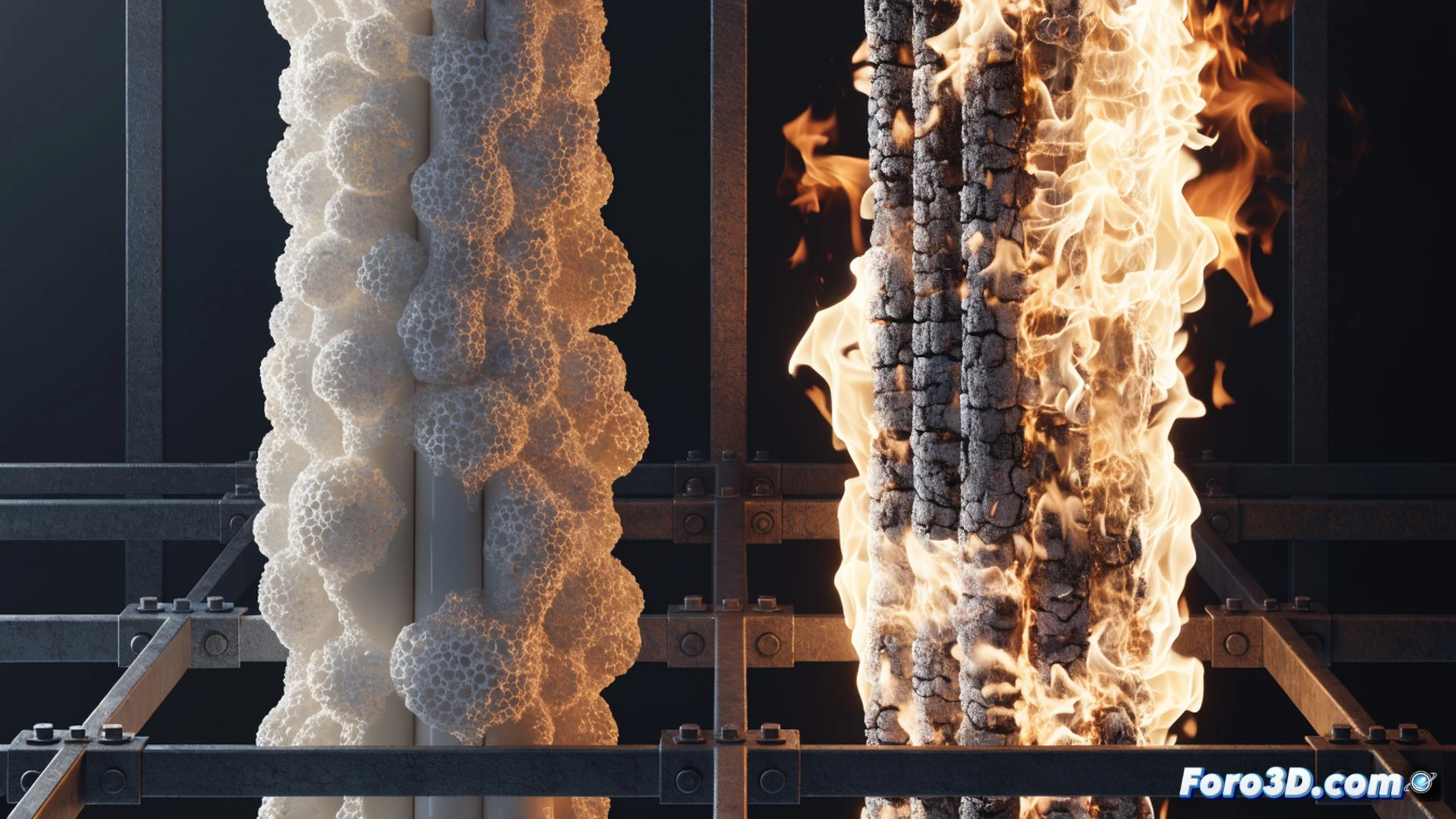 cross-section of an electrical cable with chitosane-based intumescent paint layer reacting to flame, biopolymer foam expanding into thick insulating char around copper conductors, heat shield forming while fire spreads along adjacent wires, technical engineering visualization, macro view of cable structure and protective coating, glowing embers and smoke rising, realistic material textures, photorealistic industrial lighting, detailed polymer foam bubbles and charred surface, dramatic fire safety demonstration