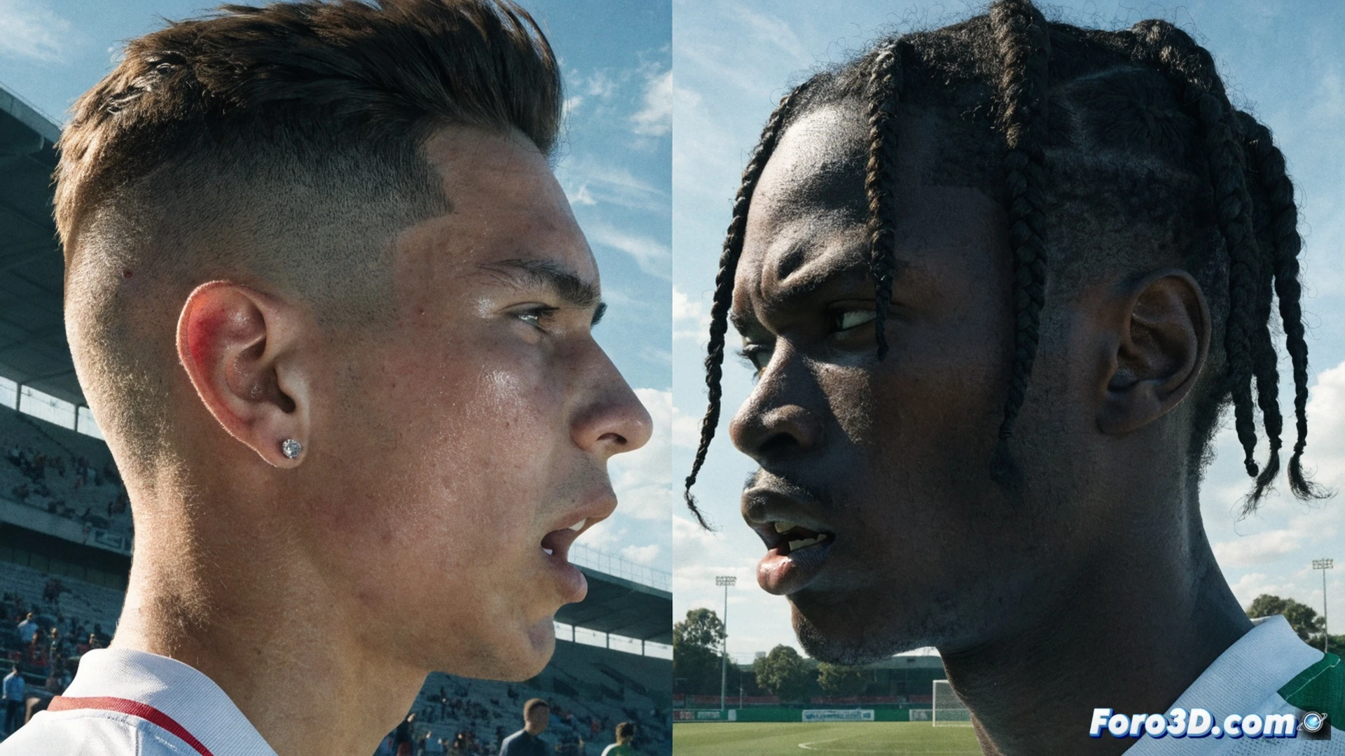 Dos jóvenes futbolistas enfrentados en un campo de césped, uno señalando al otro con tensión facial, árbitro separándolos, banquillos con jugadores juveniles observando, balón en primer plano desenfocado, estadio vacío al fondo, nubes grises, estilo cinematográfico fotorrealista, cámara baja, luz natural opaca, sudor y gestos agresivos visibles, ropa deportiva manchada de barro, acción detenida en el momento del conflicto, atmósfera de tensión social, ilustración técnica deportiva.