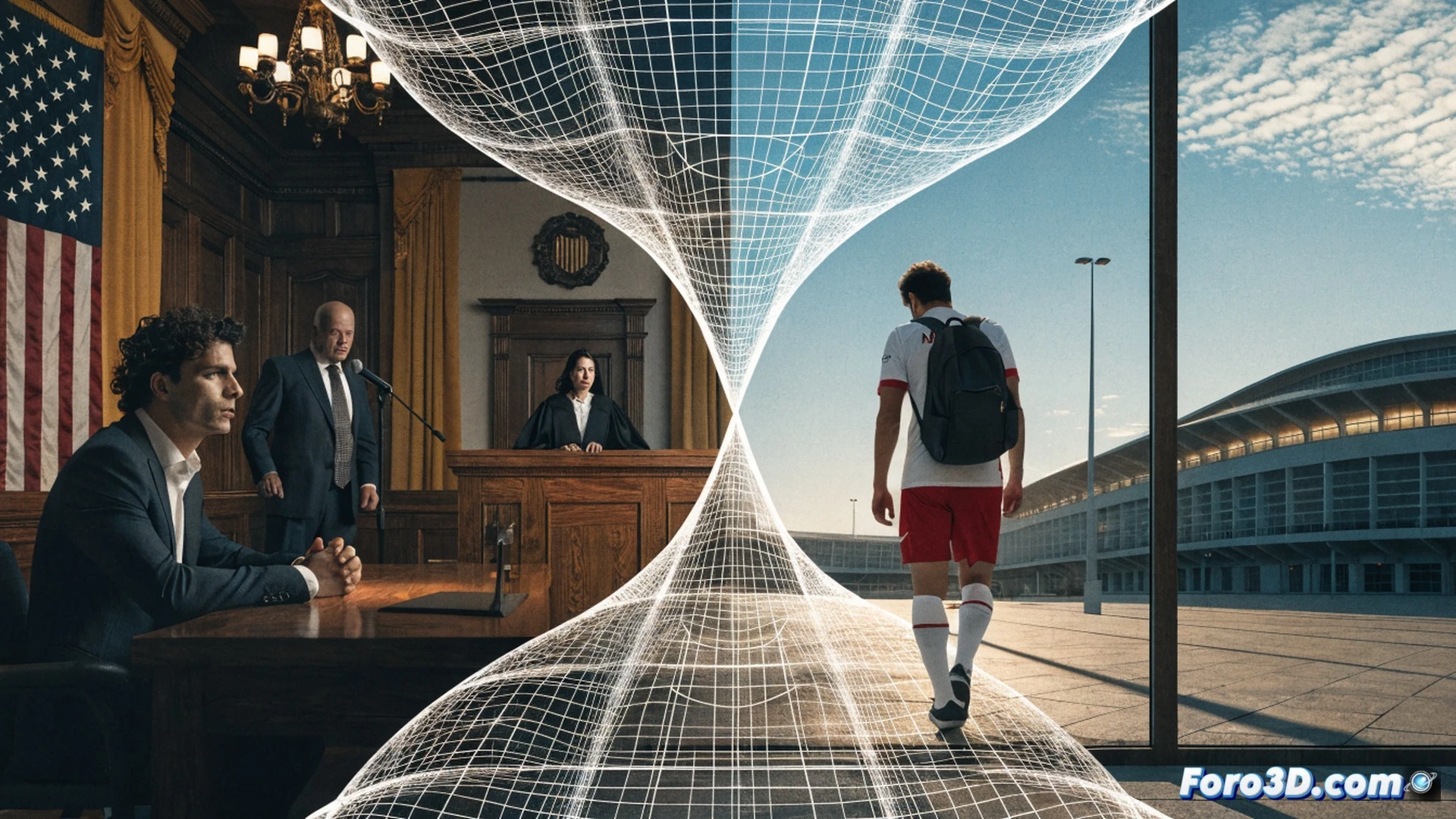 Professional football player in Sevilla FC training kit standing inside a courtroom dock, hands gripping metal railing while a gavel strikes a wooden block mid-air, legal documents with judicial seals scattered on a table, digital holographic evidence screens floating beside him showing blurred testimony transcripts, photorealistic cinematic visualization, dramatic chiaroscuro lighting from overhead courtroom lamps, tense facial expression, motion blur on gavel impact, scattered paper sheets cascading downward, dark wooden panelling background, ultra-detailed fabric textures on suit and jersey, high-contrast shadows emphasizing uncertainty, technical legal atmosphere