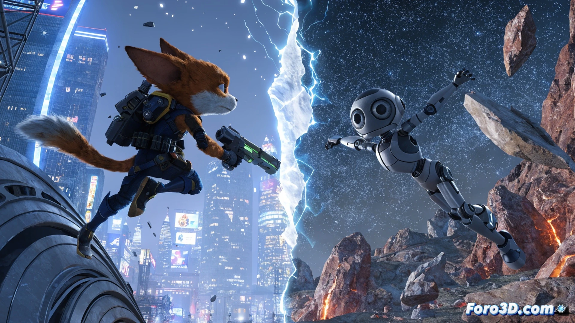 lombax Ratchet saltando entre dimensiones mientras su pelaje refleja luces neón con trazado de rayos, el robot Clank abriendo un portal dimensional con un dispositivo brillante, fondo de ciudad futurista desmoronándose en partículas digitales, motor gráfico de Insomniac Games mostrando transición de escenarios sin carga visible, consola PlayStation 5 expuesta con SSD y rayos de datos fluyendo, estilo cinematic photorealistic, reflejos metálicos en el pelaje, líneas de energía azul y naranja, partículas de polvo estelar, iluminación dramática de alto contraste, texturas de ingeniería ultradetalladas