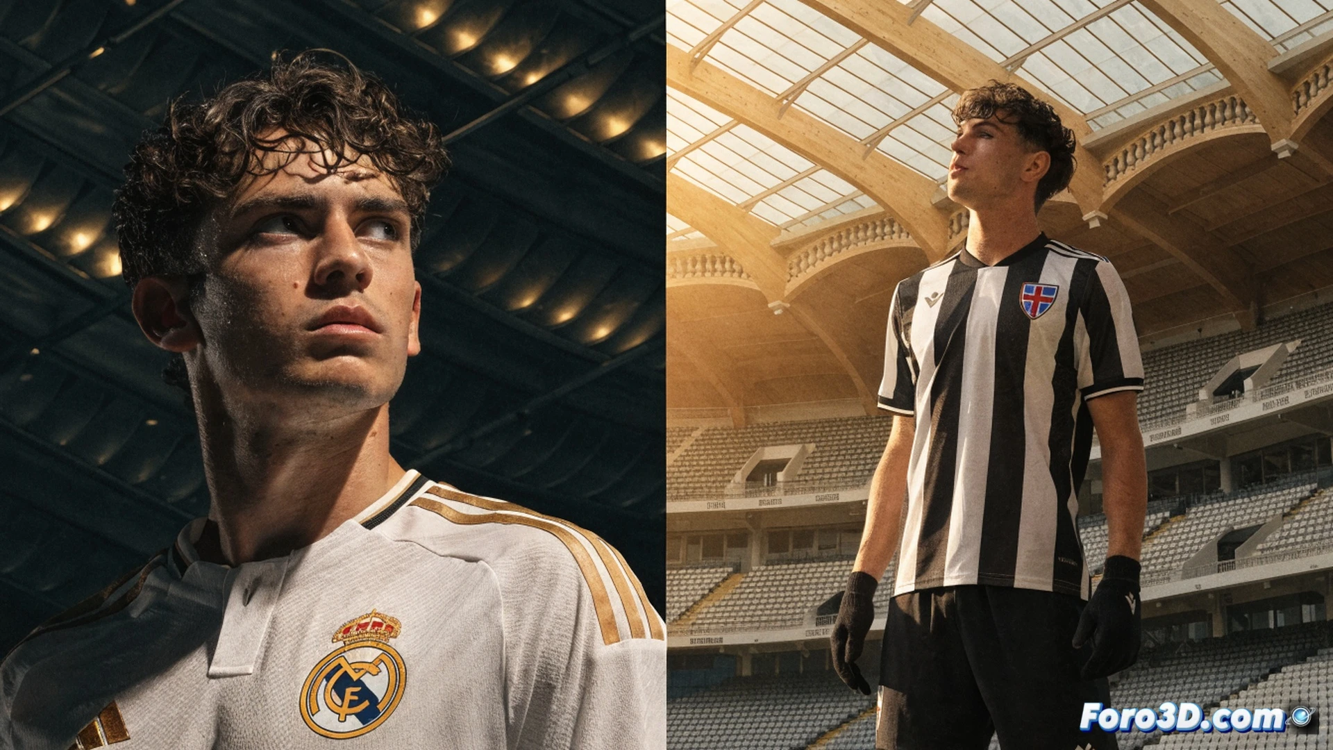 young footballer in Real Madrid white jersey transitioning into Como jersey, hands exchanging a dotted contract with a glowing 2027 rewind arrow looping back, football pitch in background half white half blue, technical illustration style, digital contract tablet showing transfer clauses, motion blur on jersey swap, glowing recompra clause highlighted as a golden chain link, photorealistic sports management visualization, dramatic stadium lighting, crisp fabric textures, detailed financial document icons floating nearby