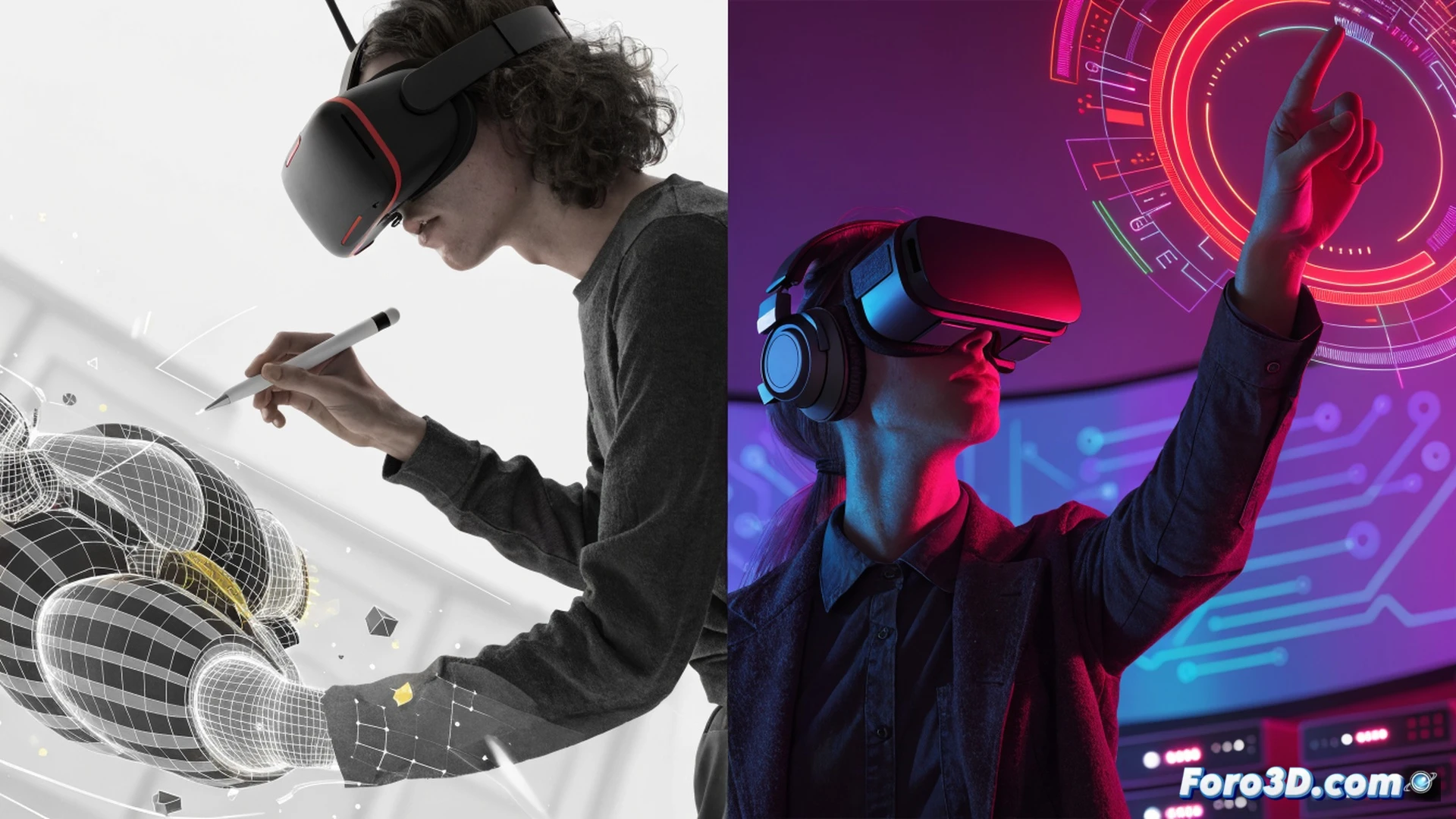 two creative professionals in a sunlit madrid workshop, one wearing a VR headset using Quill software to sculpt a 3D animated character prototype with glowing gesture lines, the other frustrated at a laptop screen showing Magnific AI generating inconsistent distorted textures with a floating price tag icon, scattered stylus pens and hardware components on the table, cinematic photorealistic style, warm studio lighting with soft shadows, detailed facial expressions showing contrast between intuitive creation and expensive failed automation, technical illustration with visible interface reflections, high contrast between organic VR strokes and chaotic AI output