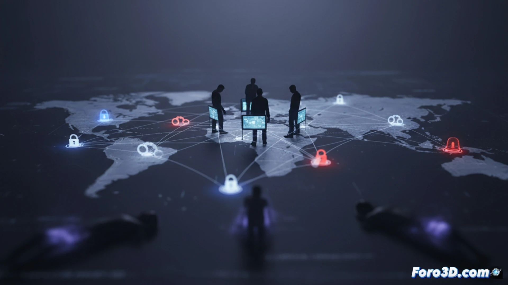 Photorealistic crime investigation scene: forensic analysts examining a dark digital interface on multiple monitors showing a private forum with encrypted chat logs and video file icons, gloved hands typing on a keyboard while a screen displays a network map of 270 connected user nodes, police evidence bags with seized smartphones and hard drives on a metal table, blue and red LED lights casting dramatic shadows, cybercrime lab environment with server racks in background, cinematic lighting, ultra-detailed technical equipment, realistic forensic technology visualization