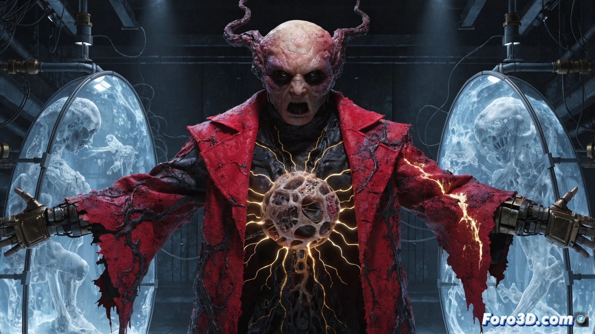 A god-like figure in a crimson coat dissecting a glowing robotic arm with a scalpel, arcane surgical tools floating nearby, captured superhero silhouettes suspended in energy cocoons behind him, dark cathedral-like laboratory filled with vintage computer terminals and oscilloscopes, wires connecting to a central altar, cinematic horror-technical visualization, dramatic chiaroscuro lighting, red neon reflections on metallic surfaces, anatomical diagrams projected on cracked glass screens, photorealistic dark fantasy render, dust particles floating in shafts of dim light, showing the ritualistic process of extracting energy from mechanical components