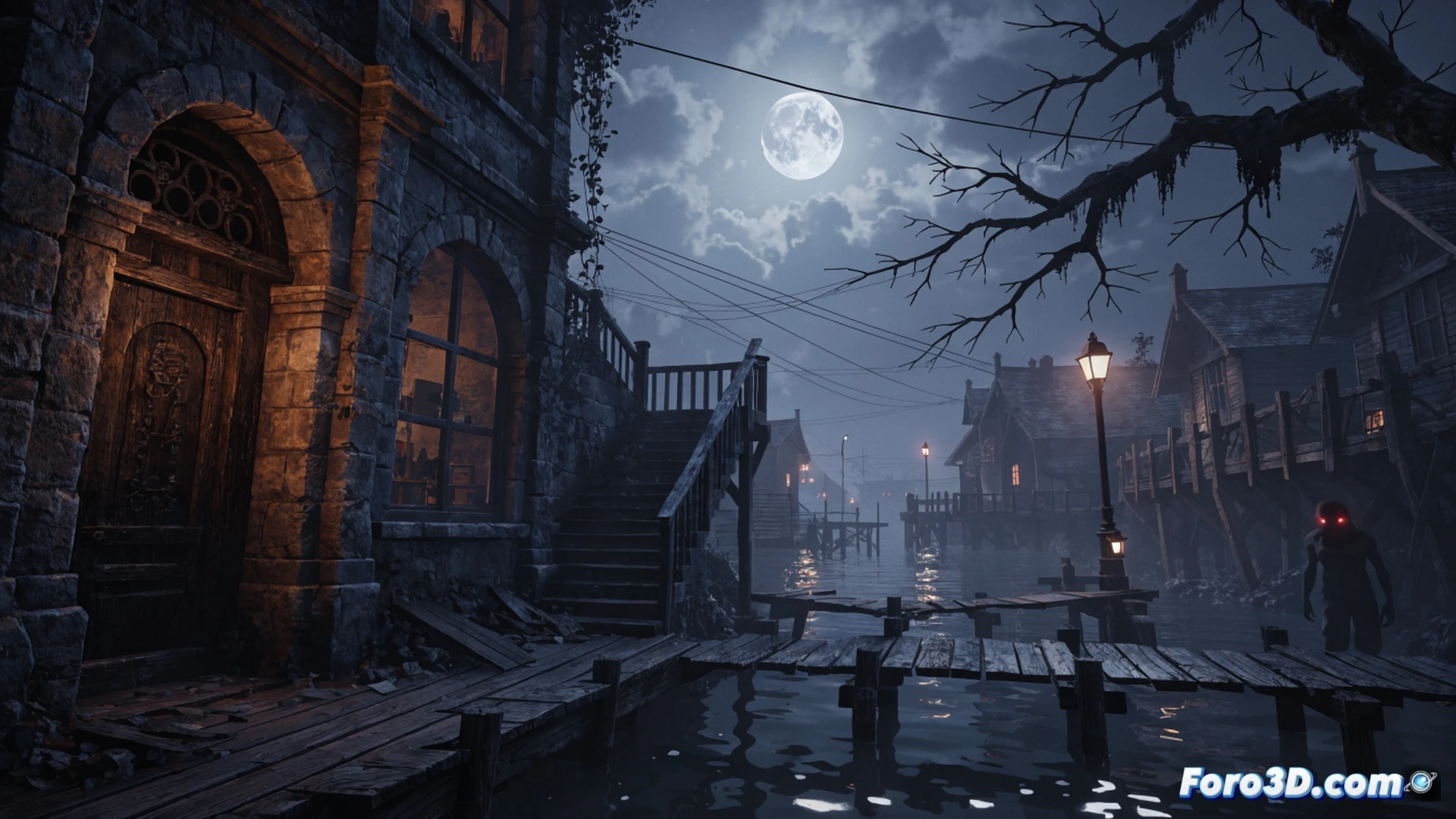 foggy coastal American town street at dusk, vampire figure with glowing red eyes emerging from dark alley, moonlight casting long shadows on wet pavement, Unreal Engine 4 volumetric lighting beams cutting through mist, abandoned storefronts with broken neon signs flickering, photorealistic cinematic visualization, dramatic chiaroscuro contrast, high-detail brick textures and reflective puddles, vampire’s tattered coat billowing in wind, atmospheric particle effects with floating embers, stylized horror aesthetic, ultra-detailed environmental render