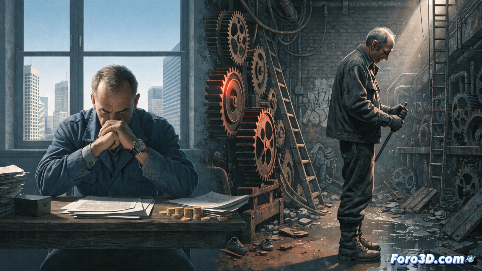 industrial worker silhouette bending under heavy steel beam, sweat droplets visible on forehead, worn safety gloves gripping rusted pipe wrench, mechanical gears and conveyor belt system in dark factory background, cracked concrete floor reflecting dim yellow workshop lights, physical strain shown through tense shoulder muscles and bent spine, 600 euro coin stack balanced precariously on broken chair nearby, cinematic photorealistic engineering visualization, dramatic chiaroscuro lighting, deep shadows on worn tool belt, ultra-detailed metal grain texture, motion blur on rotating machinery parts, gritty industrial atmosphere