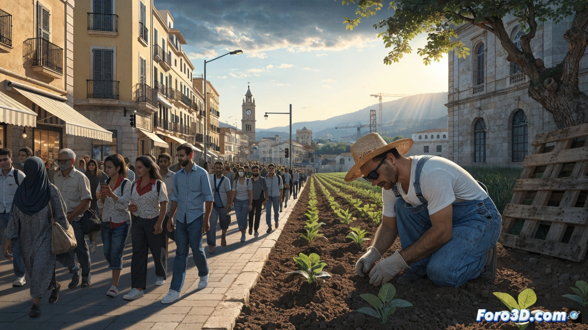 Photorealistic cinematic scene of a bustling Tarragona agricultural field at sunrise, 27 diverse workers in work gloves and boots harvesting ripe olives and vegetables, hands passing official residency documents and ID cards between a supervisor and a worker, a tablet showing a digital registration form with a green checkmark, a tractor loading crates in the background, soft golden sunlight casting long shadows, warm earthy tones, detailed textures on fabric and leaves, dramatic yet hopeful lighting, ultra-realistic technical visualization of labor integration and formal employment process