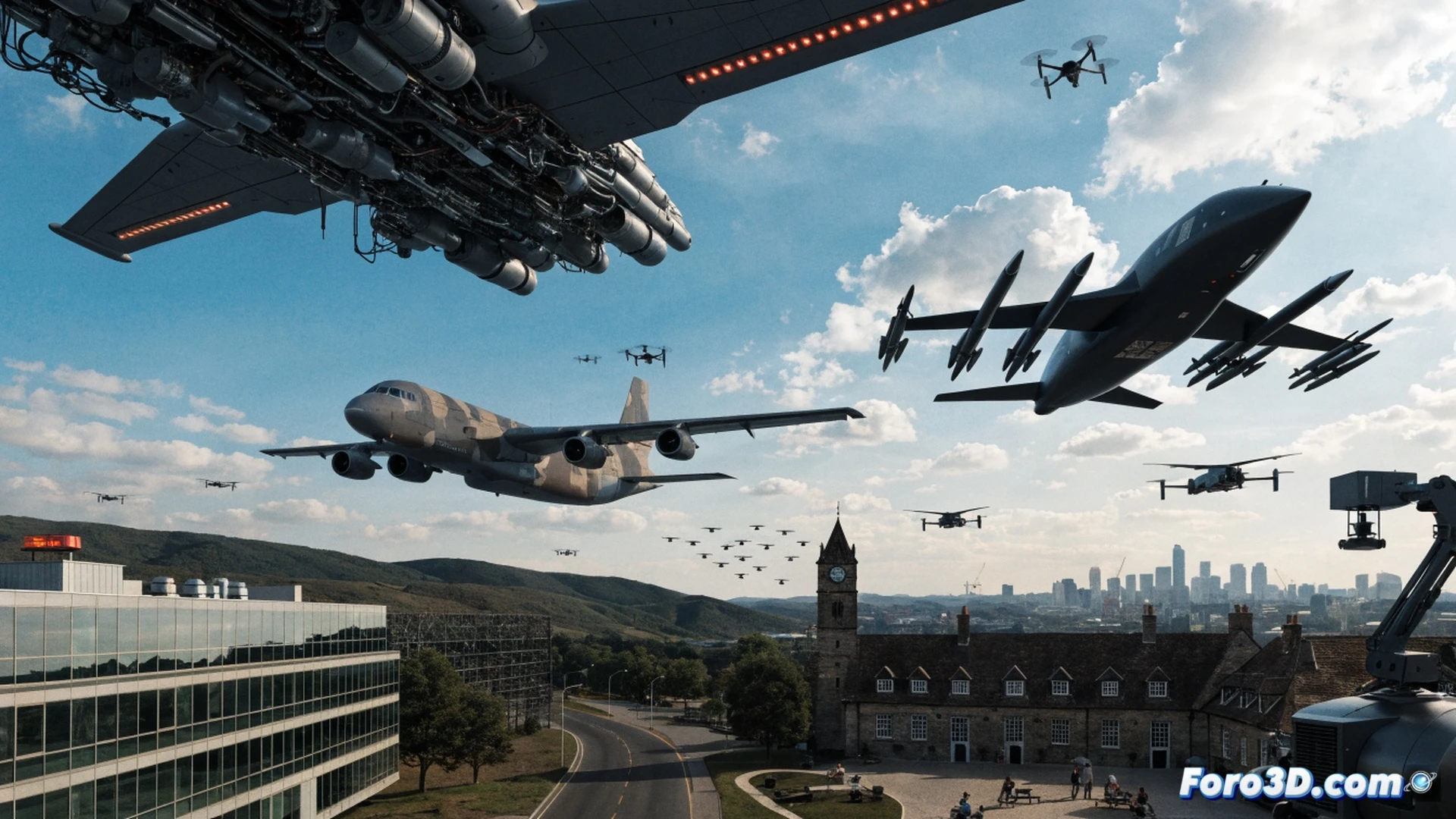 British military command center monitoring drone swarm deployment, multiple autonomous UAVs launching from naval vessel, radar screens displaying real-time threat tracking, engineers calibrating AI-guided navigation systems, soldiers operating portable drone control terminals, advanced missile defense hardware in background, photorealistic technical visualization, metallic grey and blue lighting, holographic threat assessment overlays, motion blur from propellers, detailed cockpit instrumentation, dramatic industrial atmosphere, ultra-sharp focus on mechanical components