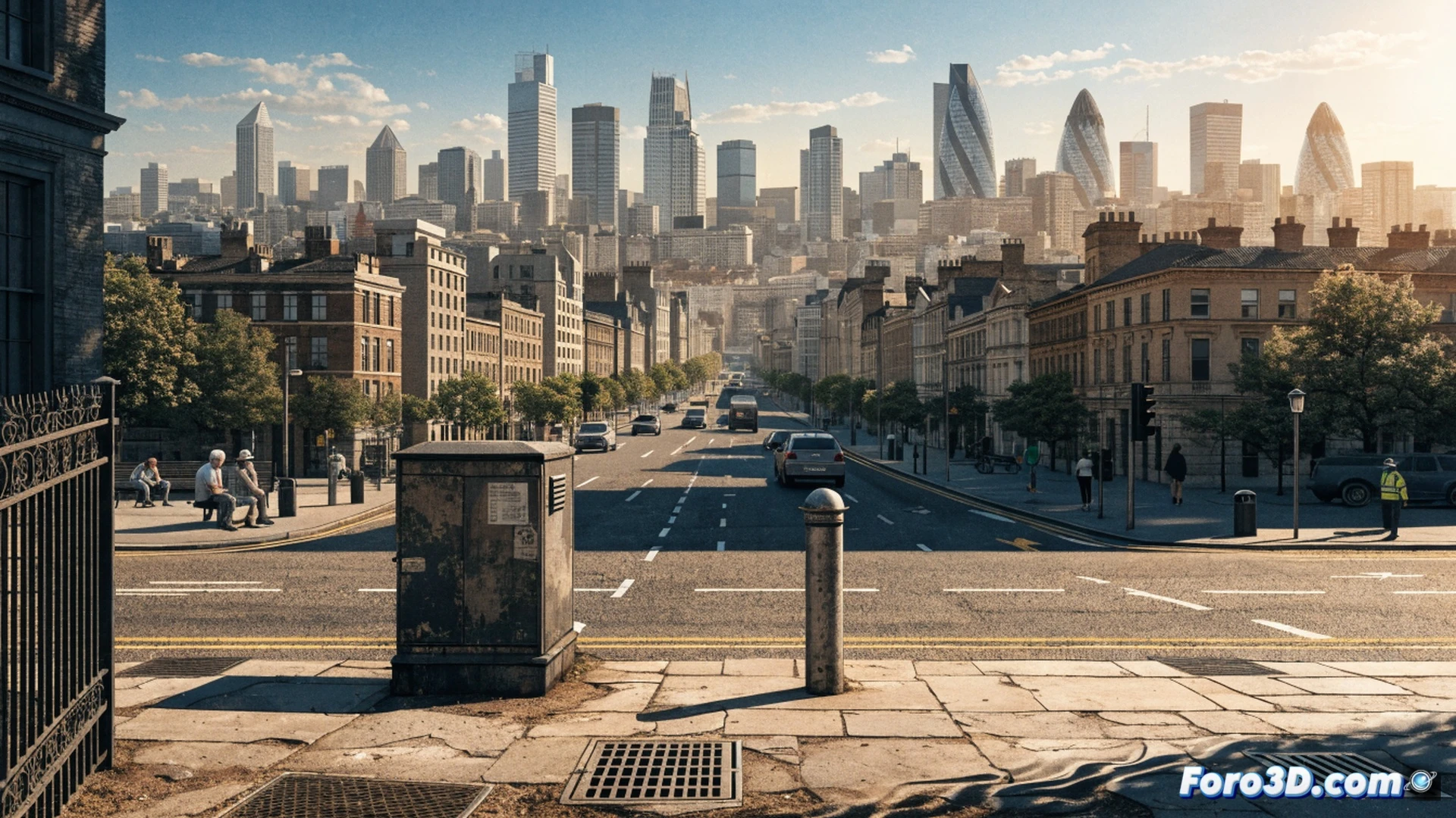 cinematic wide shot of a London street during a prolonged heatwave, a digital thermometer on a building facade showing 34°C, an elderly person sipping water while sitting under a shaded bus shelter, a young cyclist stopping to check a hydration app on a smartphone, heat haze shimmering over asphalt, yellow health warning signs on a lamppost, photorealistic technical illustration, golden hour sunlight casting long shadows, ultra-detailed urban textures, dramatic atmospheric haze, realistic meteorological visualization