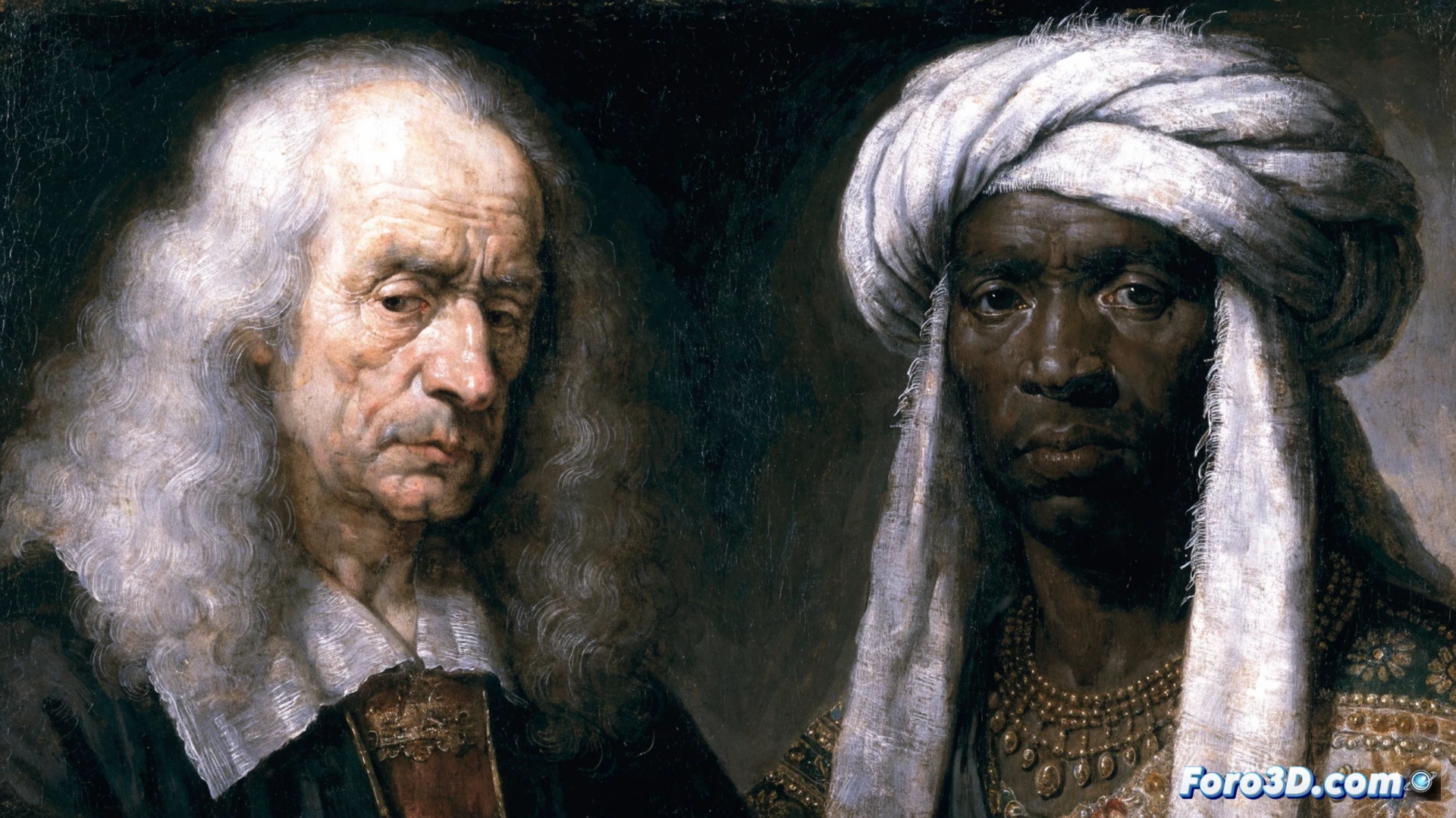 Restauradores con guantes blancos y bisturíes removiendo microcapas de barniz sobre un lienzo de Rembrandt, revelando progresivamente un rostro masculino de tez morena con turbante naranja y azul bajo la pintura superficial de un anciano blanco con gorro holandés, proceso de restauración mostrando pigmentos originales expuestos, luz de estudio cruzada iluminando la transición cromática, pinceles y solventes sobre mesa de trabajo, estilo cinematográfico hiperrealista, textura de óleo antiguo con craqueladuras visibles, profundidad de campo limitada, iluminación dramática tipo claroscuro