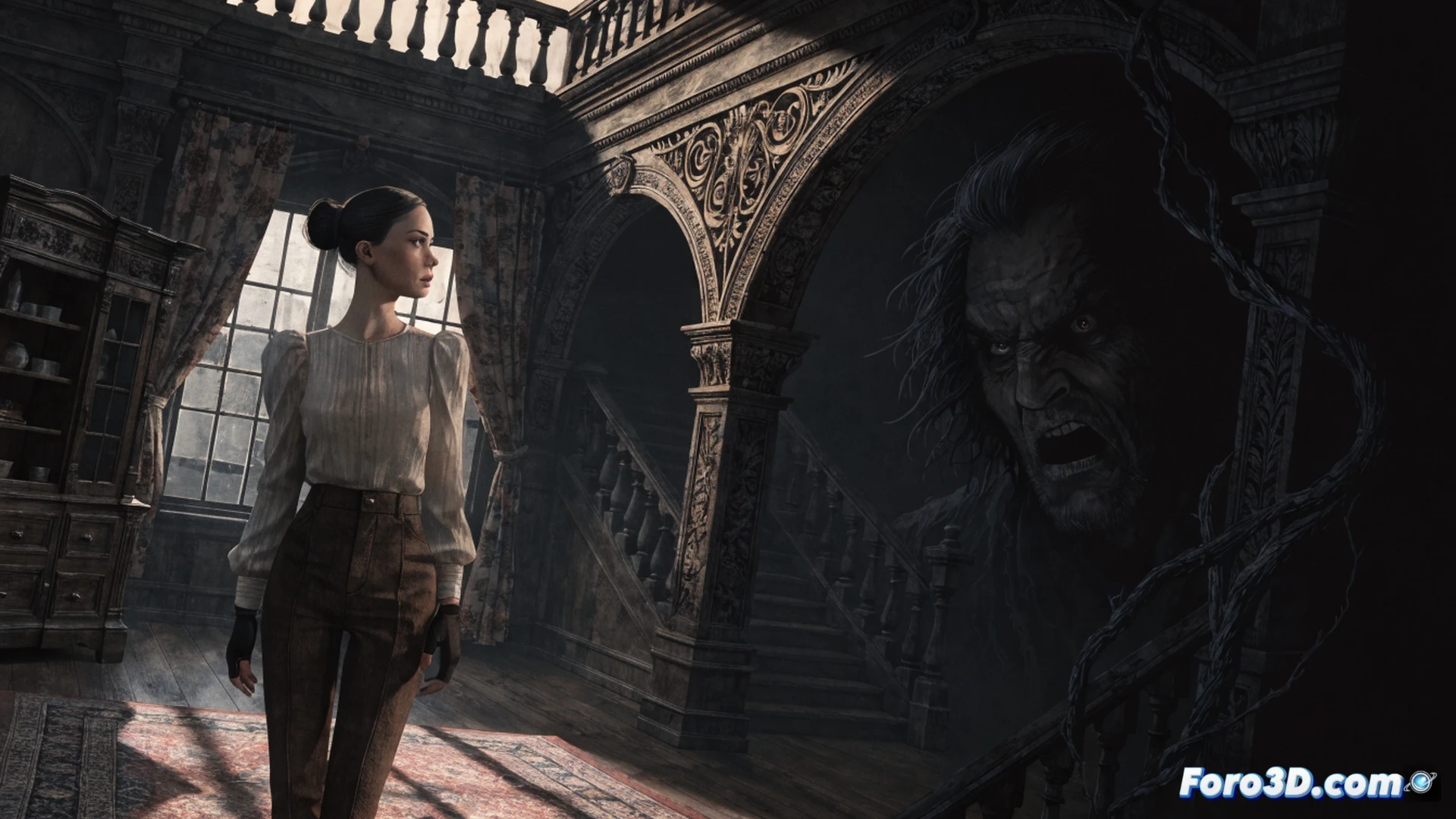 old mansion corridor with flickering gas lamps, a middle-aged man in a trench coat gripping a brass key while hiding behind a Victorian grandfather clock, shadowy female figure in a tattered dress dragging a doll across the floorboards, dust particles floating in dim light beams, broken grandfather clock gears visible on the floor, worn leather journal open on a side table, cinematic horror visualization, volumetric fog from a cracked radiator, cobwebs stretching across a shattered window, photorealistic technical render, dramatic chiaroscuro lighting, ultra-detailed wood grain textures, tense psychological atmosphere