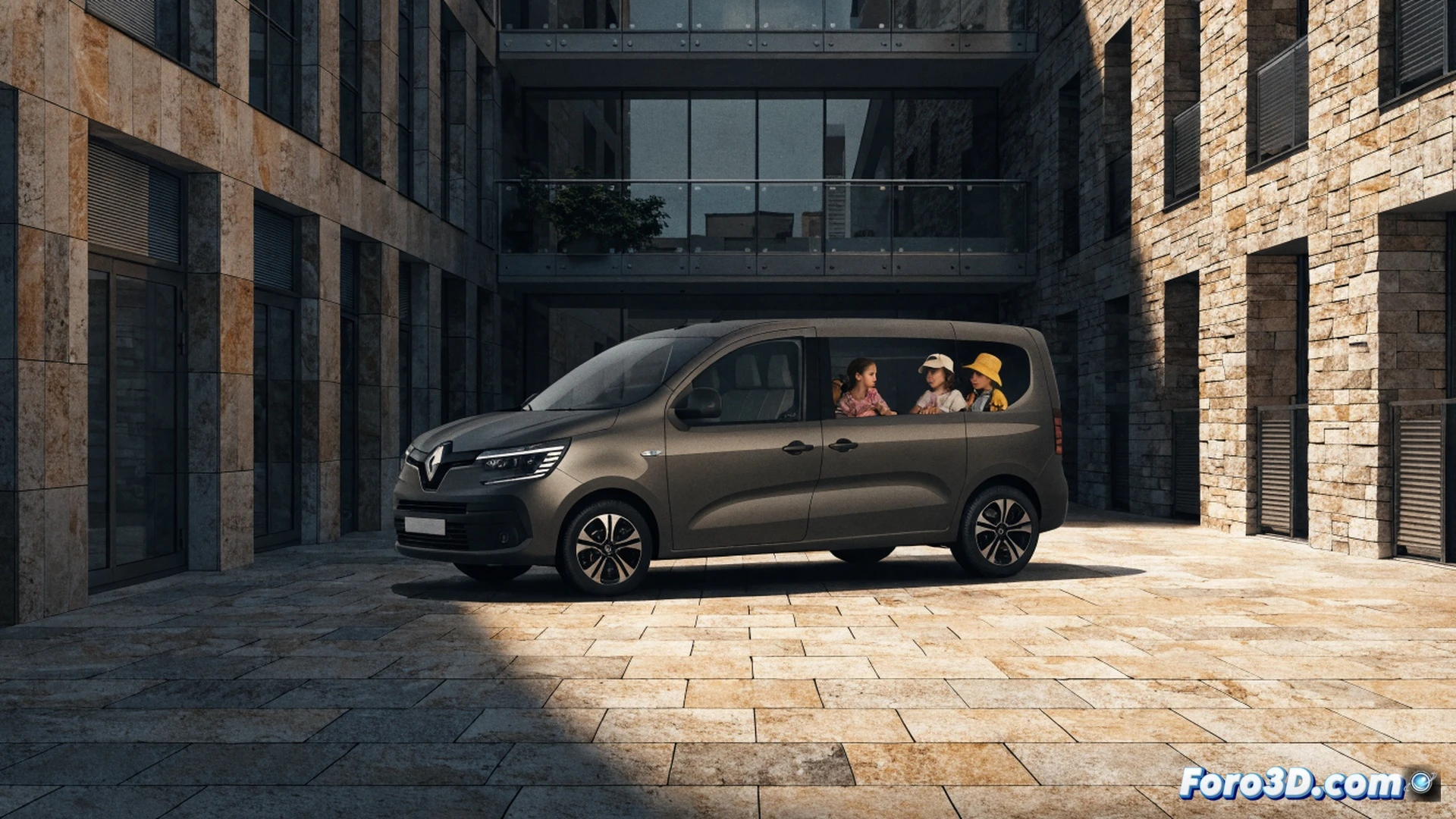 Renault Express furgoneta familiar cargando maletero con 500 litros de espacio, tres asientos traseros independientes visibles, motor diésel eficiente con consumo de 5,1 litros cada 100 km, escena de acción mientras una familia coloca equipaje y un niño en el asiento, mostrando el proceso de carga diario, estilo photorealistic, iluminación natural exterior, detalles mecánicos del vehículo, superficies metálicas reflectantes, neumáticos sobre asfalto, fondo urbano desenfocado, cinematográfica composición técnica