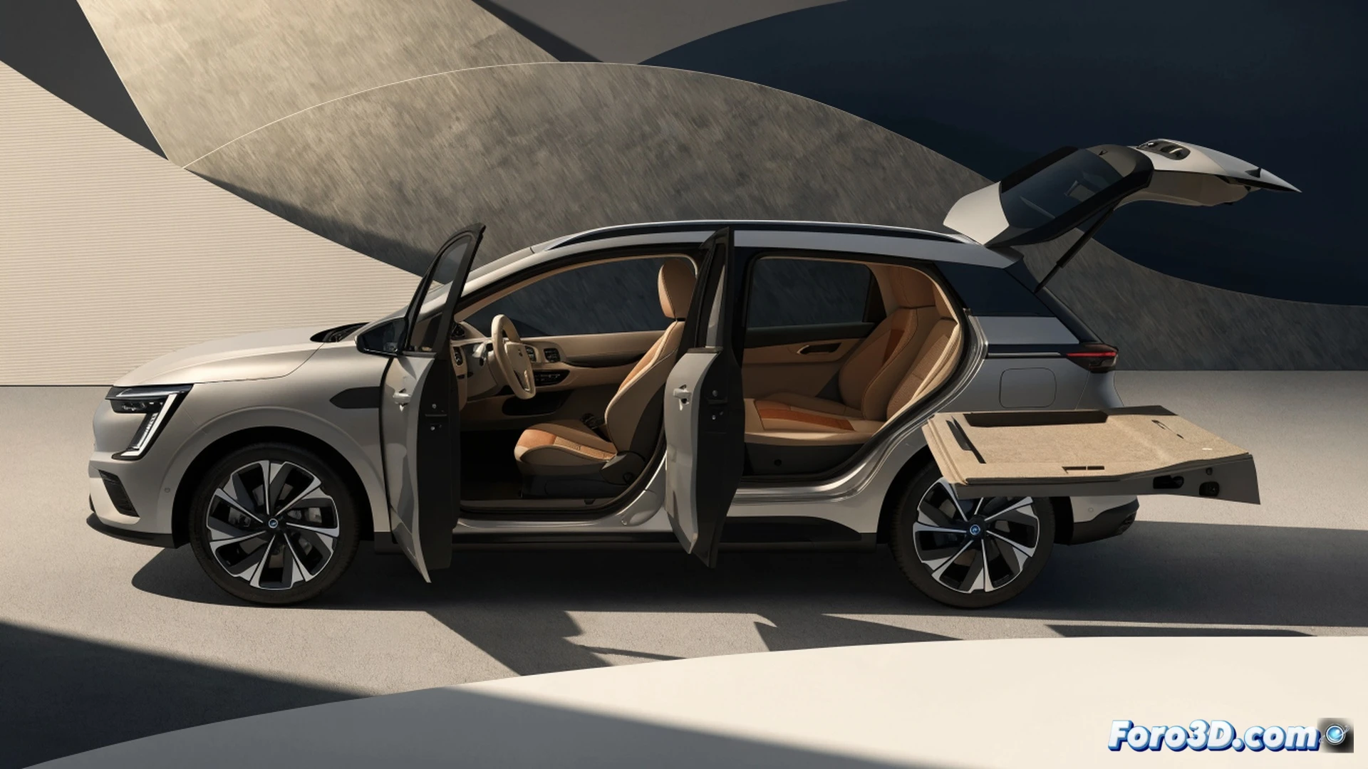 Renault Scenic E-Tech SUV eléctrico abriendo su gran maletero trasero mientras una familia coloca maletas voluminosas y una tabla de surf, batería de alto voltaje visible bajo el piso del vehículo parcialmente levantado, líneas de autonomía de 381 millas brillando en azul sobre el parabrisas, carga rápida conectada al puerto frontal mostrando flujo energético, interior espacioso con asientos plegados demostrando capacidad de 1670 litros, diseño aerodinámico con ruedas de baja resistencia, estilo cinematográfico ultrarealista, iluminación natural de atardecer, render técnico fotorrealista