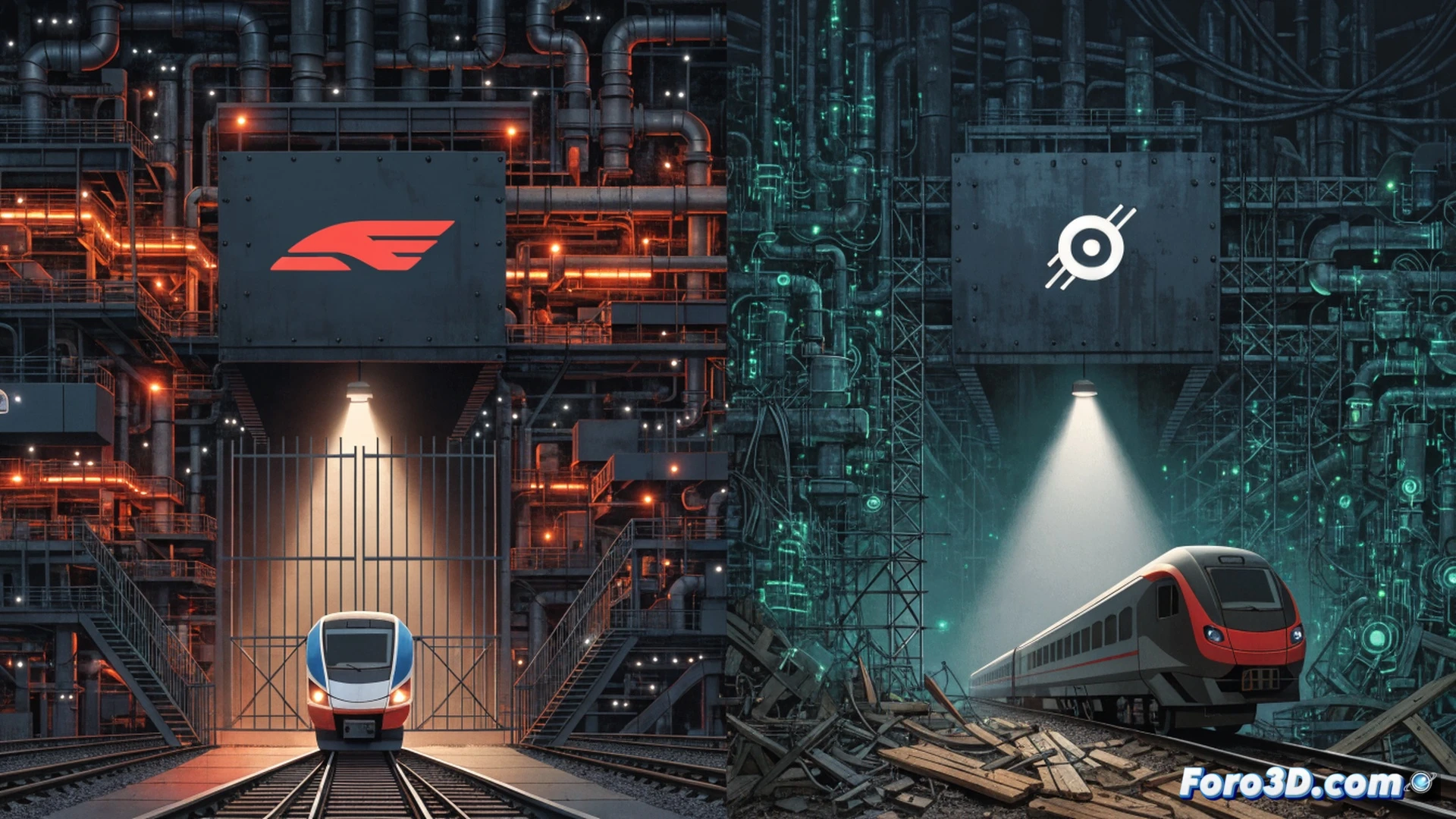 high-speed train maintenance hangar interior, Renfe technician blocking access to track with red barrier while Iryo maintenance crew waits outside, hydraulic lifts raised under a parked AVE train, diagnostic screens displaying error codes and access denied messages, industrial tools hanging on pegboard, concrete floor with yellow safety lines, cold fluorescent lighting, contrasting blue and white Iryo logo on train exterior versus red Renfe branding on barriers, cinematic engineering visualization, photorealistic industrial scene, tense standoff atmosphere, realistic metal reflections, detailed mechanical components on train undercarriage
