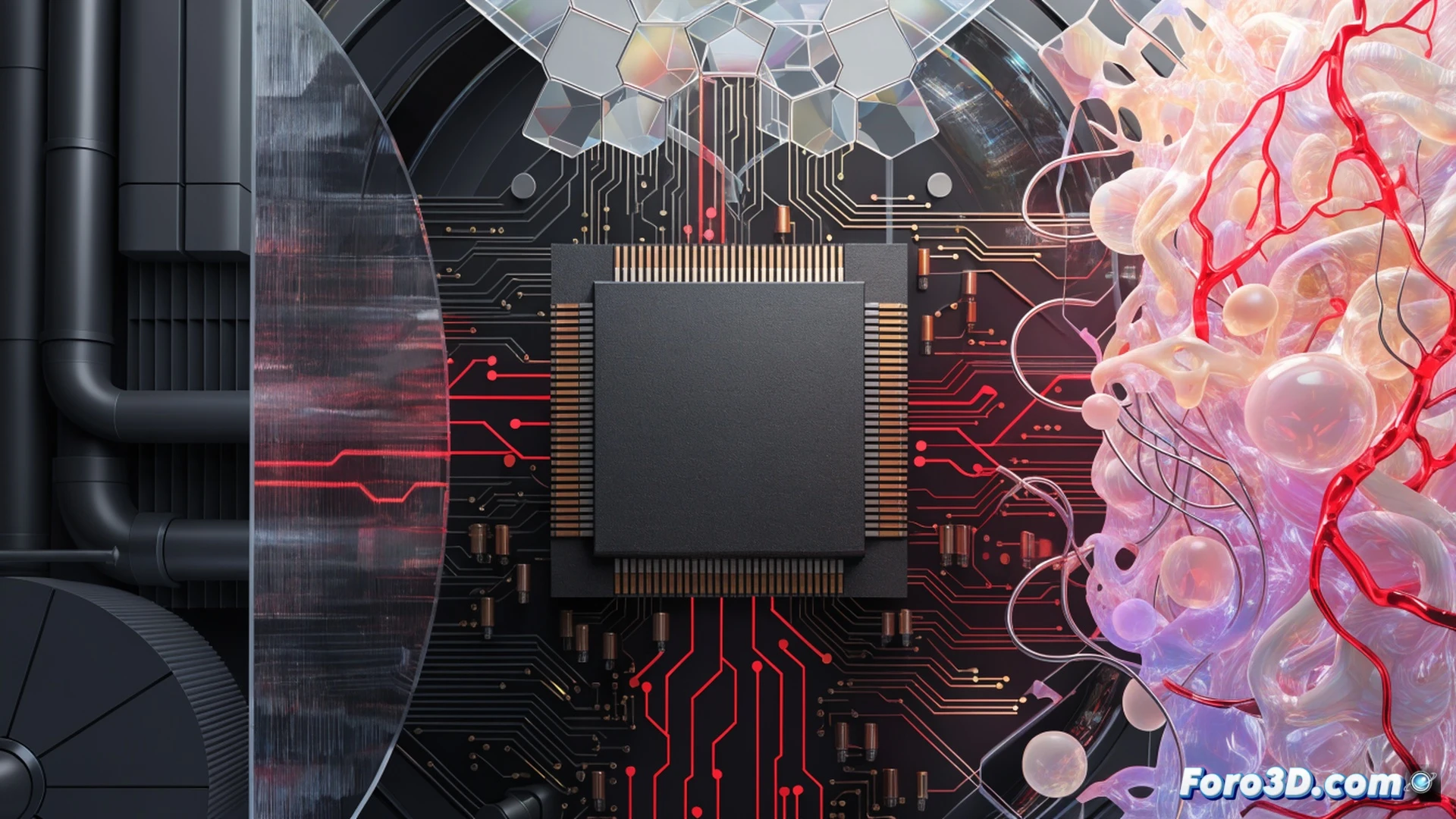gaming PC running an unoptimized game benchmark, GPU temperature spiking to 90 degrees while Chrome browser and Discord overlay remain open in the background, frame rate counter dropping from 60 to 15 FPS during a chaotic firefight, visible stutter and screen tearing on the monitor, mouse cursor lagging while a system tray icon shows 20 background processes active, cluttered desk with cooling fan running at full speed, cinematic photorealistic technical visualization, dramatic red and blue lighting from the monitor, motion blur on the character model, sweat droplets on the desk surface indicating overheating, ultra-detailed PC components with dust on the heatsink, realistic engineering render