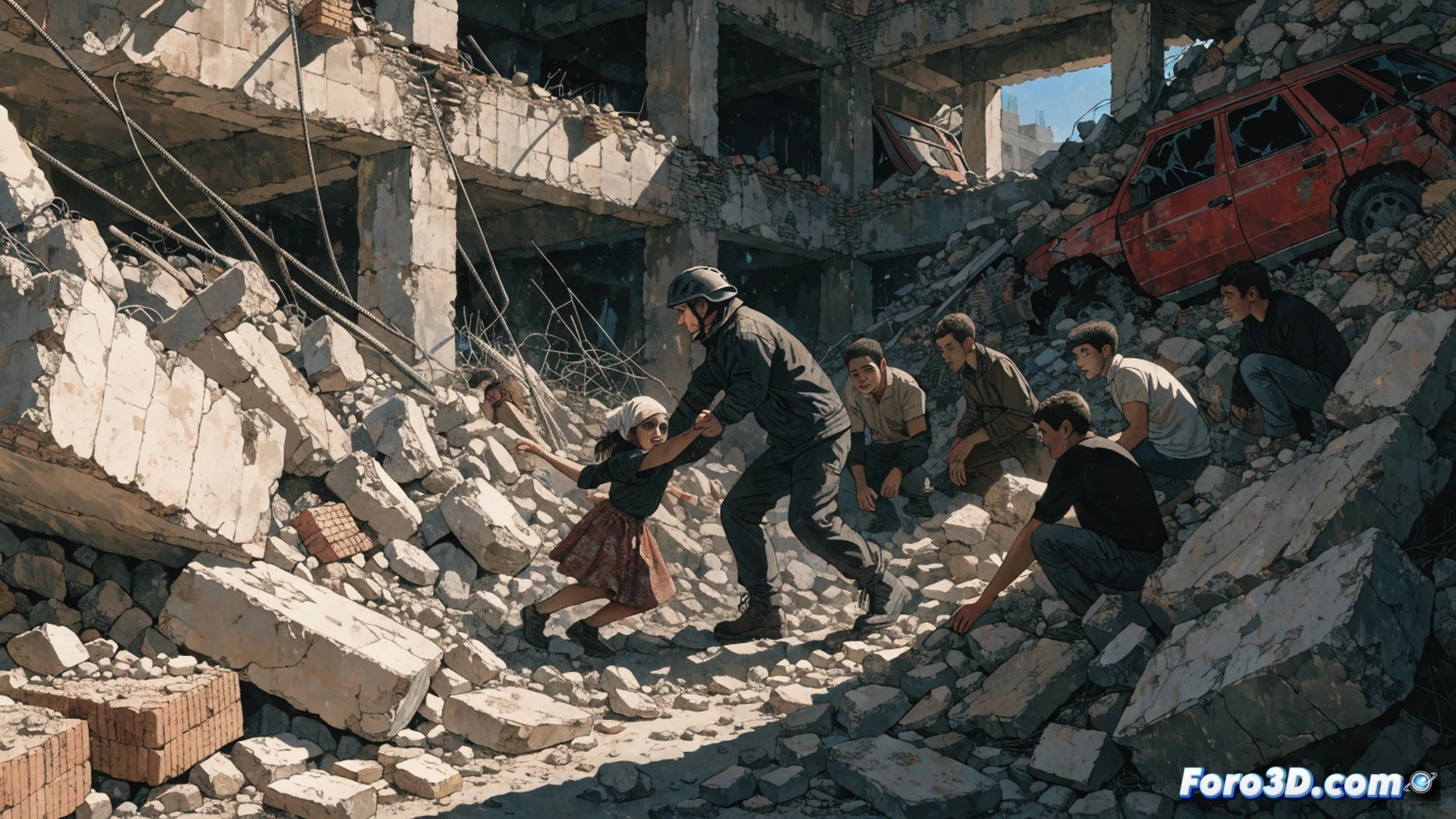 rescued person being carried on stretcher through collapsed concrete building rubble, cracked foundation with exposed steel rebar, emergency worker holding broken seismic sensor device, missing seismic dampers on structural columns, red warning tags on corroded support beams, cinematic photorealistic illustration, dramatic chiaroscuro lighting, dust particles floating in air, distressed concrete textures, technical engineering visualization, showing infrastructure neglect during rescue operation