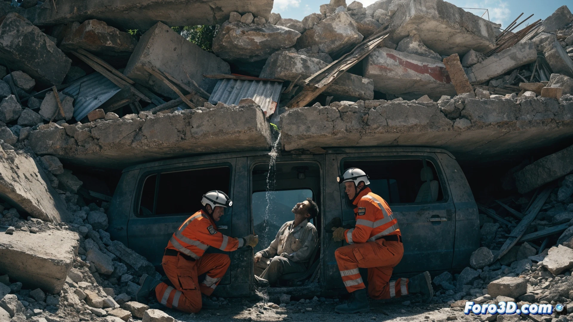 rescue worker in yellow helmet and orange vest pulling survivor from collapsed concrete basement in La Guaira, debris pile with twisted rebar and broken pipes, flashlight beam cutting through dust, hydraulic rescue tools on ground, survivor reaching out from narrow gap, dramatic cinematic lighting, photorealistic technical illustration, rubble texture with concrete dust particles floating, emotional tension in action scene, ultra-detailed structural collapse, rescue equipment visible, dark shadows contrasting with warm rescue lights