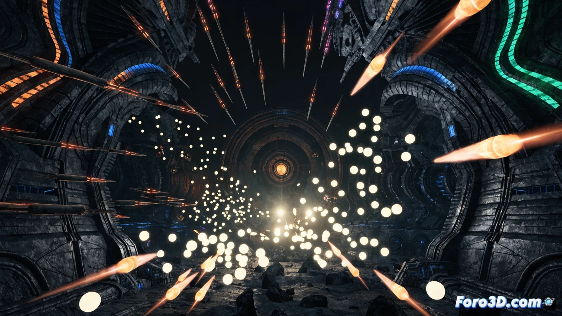 Selene protagonista en combate contra oleada alienígena, disparando su arma de protones mientras docenas de proyectiles enemigos multicolores cruzan el aire, cada bala emitiendo un resplandor que ilumina el terreno rocoso en tiempo real, cascada de partículas fluorescentes explotando al impactar, reflejos dinámicos en la armadura metálica, humo y chispas durante la acción, Unreal Engine 4 visualización técnica, iluminación global reactiva, caos controlado de partículas, estilo cinematográfico hyperrealista, oscuridad atmosférica con destellos de neón, profundidad de campo y motion blur extremo