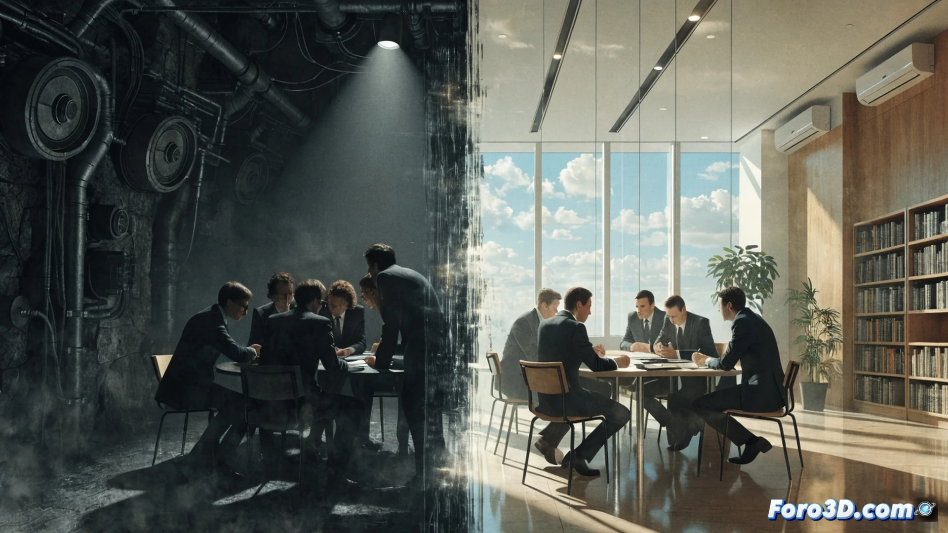 glass-walled conference room at night, silhouetted executives shaking hands over a laptop showing a public budget spreadsheet, a hidden audio recorder on the table beside an open briefcase with cash stacks visible, timestamp on a digital wall clock reading 11:59 PM, a blurred legal document with a red confidential stamp being slid across the table, cinematic photorealistic render, cold blue ambient light from monitors contrasting with warm desk lamp, security camera feed visible on a side monitor showing an empty public hearing room, tension in body language, ultra-detailed textures on leather chairs and glass reflections, dramatic shadows cast across the scene