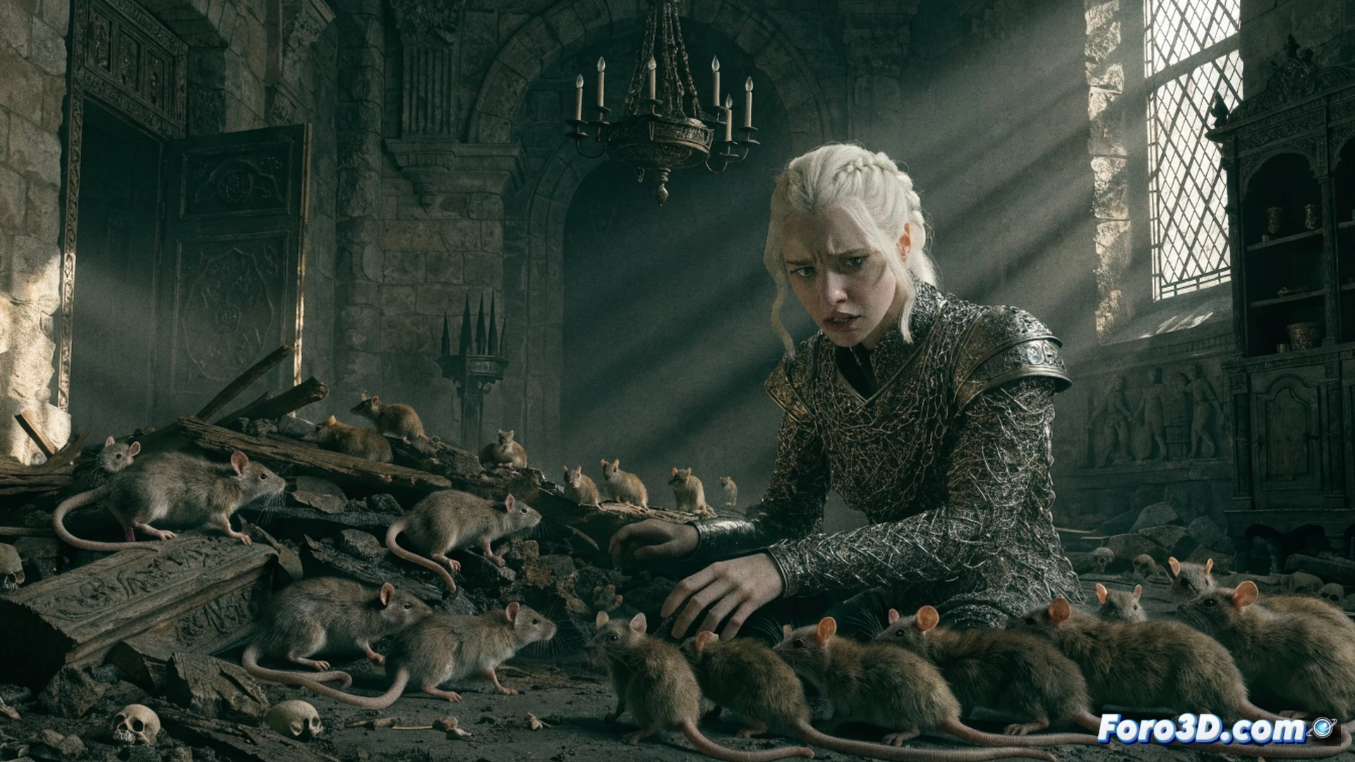 medieval castle throne room with empty wooden treasure chests showing cobwebs inside, brown rats scurrying across stone floor and climbing tapestry, Rhaenyra Targaryen sitting on Iron Throne with clenched fists and strained jaw, crown slightly askew, cinematic photorealistic style, dramatic side lighting casting long shadows, dust particles floating in air, worn stone walls with moisture stains, flickering torchlight creating moody atmosphere, detailed medieval architecture, realistic fabric textures on royal garments, ultra-detailed rat fur and whiskers, tense body language demonstration, gradual stress buildup visual storytelling