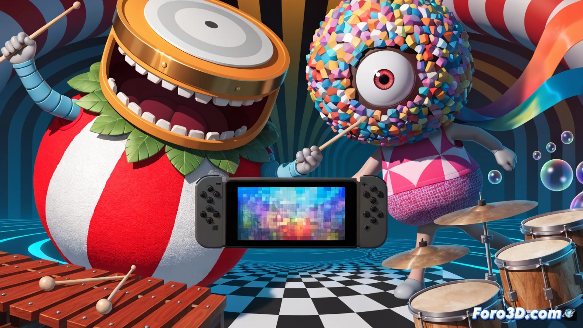 Nintendo Switch console resting on a table, Joy-Con controller being tapped rhythmically by a cartoonish hand, screen displaying a colorful rhythm minigame with bouncing geometric shapes and a pixelated character mid-dance, alongside a turn-based RPG battle menu with musical notes as attack options, whimsical absurd humor atmosphere, vibrant pastel color palette, clean vector illustration style, technical mockup lighting, flat design with subtle gradients, demonstrating the hybrid gameplay of 80 rhythm games and RPG mode, family-friendly playful action, no text visible.