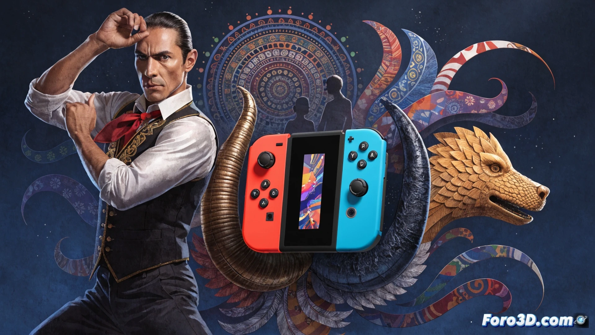 bailaor flamenco José Maya en un tablao de Madrid, tocando palmas y marcando compás con los pies mientras una Nintendo Switch en sus manos muestra un minijuego de ritmo, luces de colores sincronizadas con el golpe de tacón, partituras flamencas flotando digitalmente sobre el escenario, fondo de ladrillo visto y guitarra española, estilo cinematográfico con iluminación dramática de spot amarillo y contraluz rojo, acción congelada en un zapateado, polvo de madera levantándose, cables de consola conectados a altavoces vintage, photorealistic technical illustration
